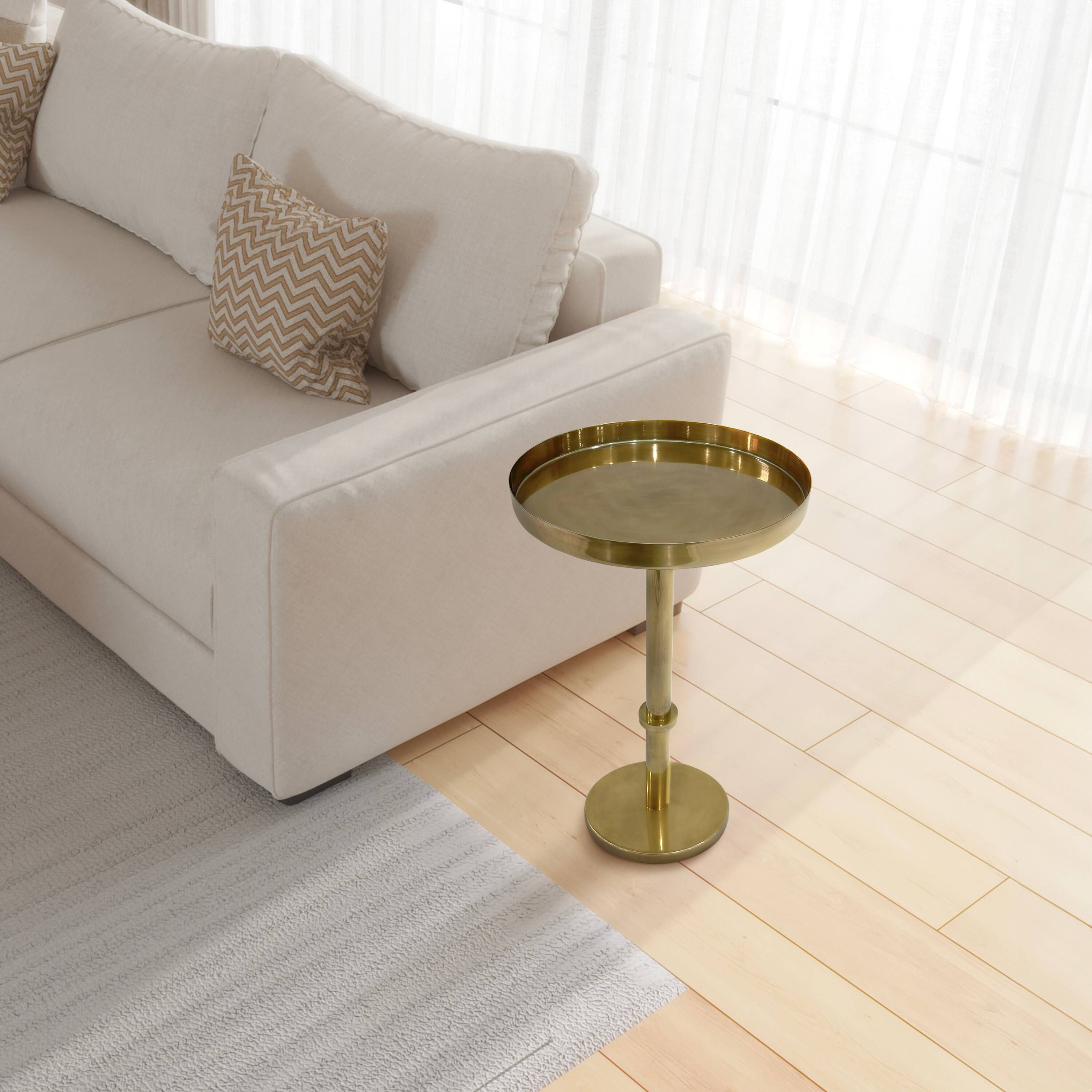 Alt View 10. Manhattan Lane - Ara 12 Inch Side End Table, Vintage Sleek Pillar Base, Round Tray Top - Brass.
