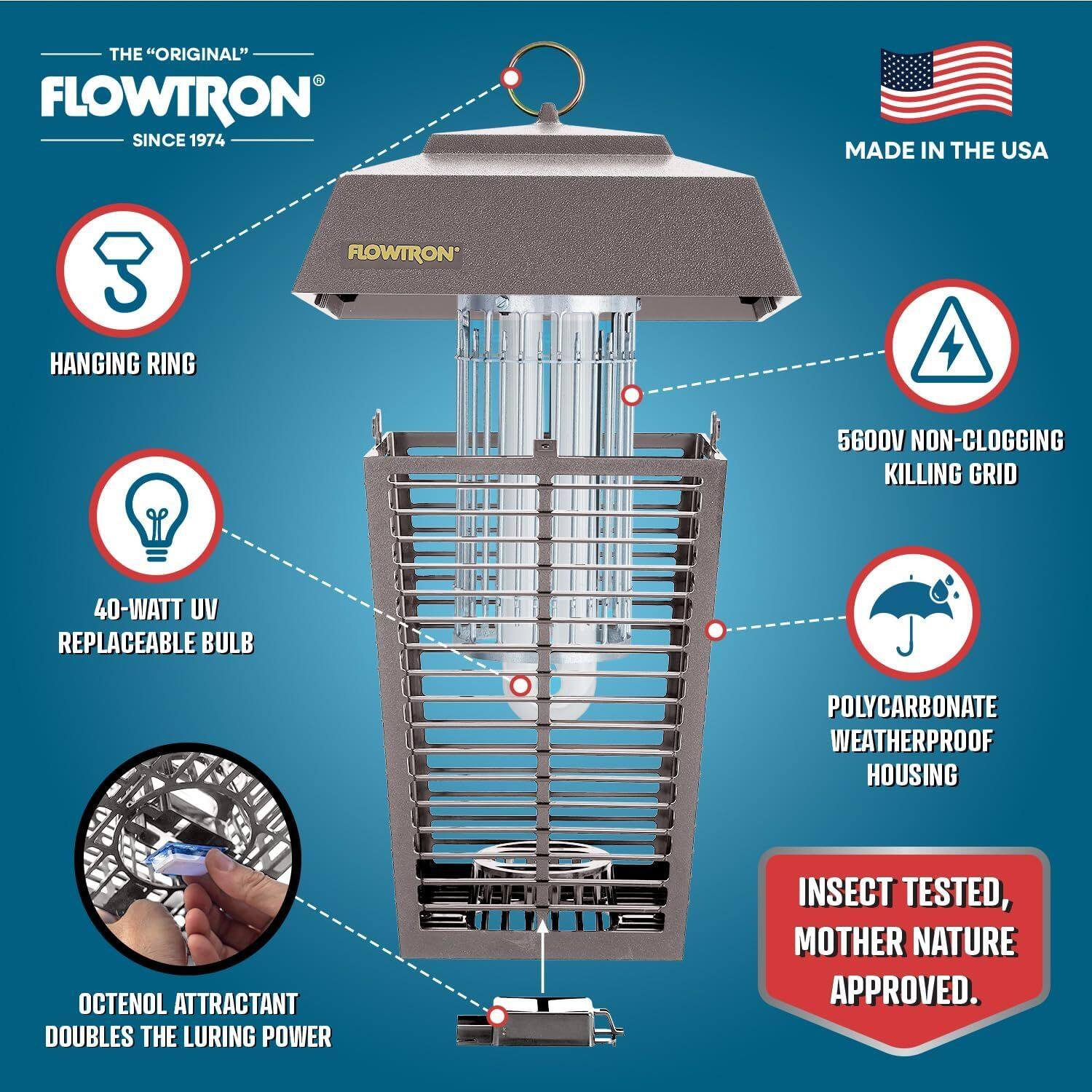 THE "ORIGINAL" FLOWTRON SINCE 1974 MADE IN THE USA FLOWTRON HANGING RING 5600V NON-CLOGGING KILLING GRID 40-WATT UV REPLACEABLE BULB POLYCARBONATE WEATHERPROOF HOUSING OCTENOL ATTRACTANT DOUBLES THE LURING POWER INSECT TESTED, MOTHER NATURE APPROVED.