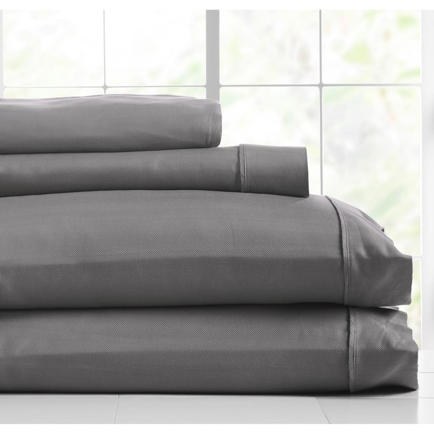 Knightsbridge - 600 Thread Count Jacquard Herringbone Sheet - 4 Piece Set - Queen - Gray