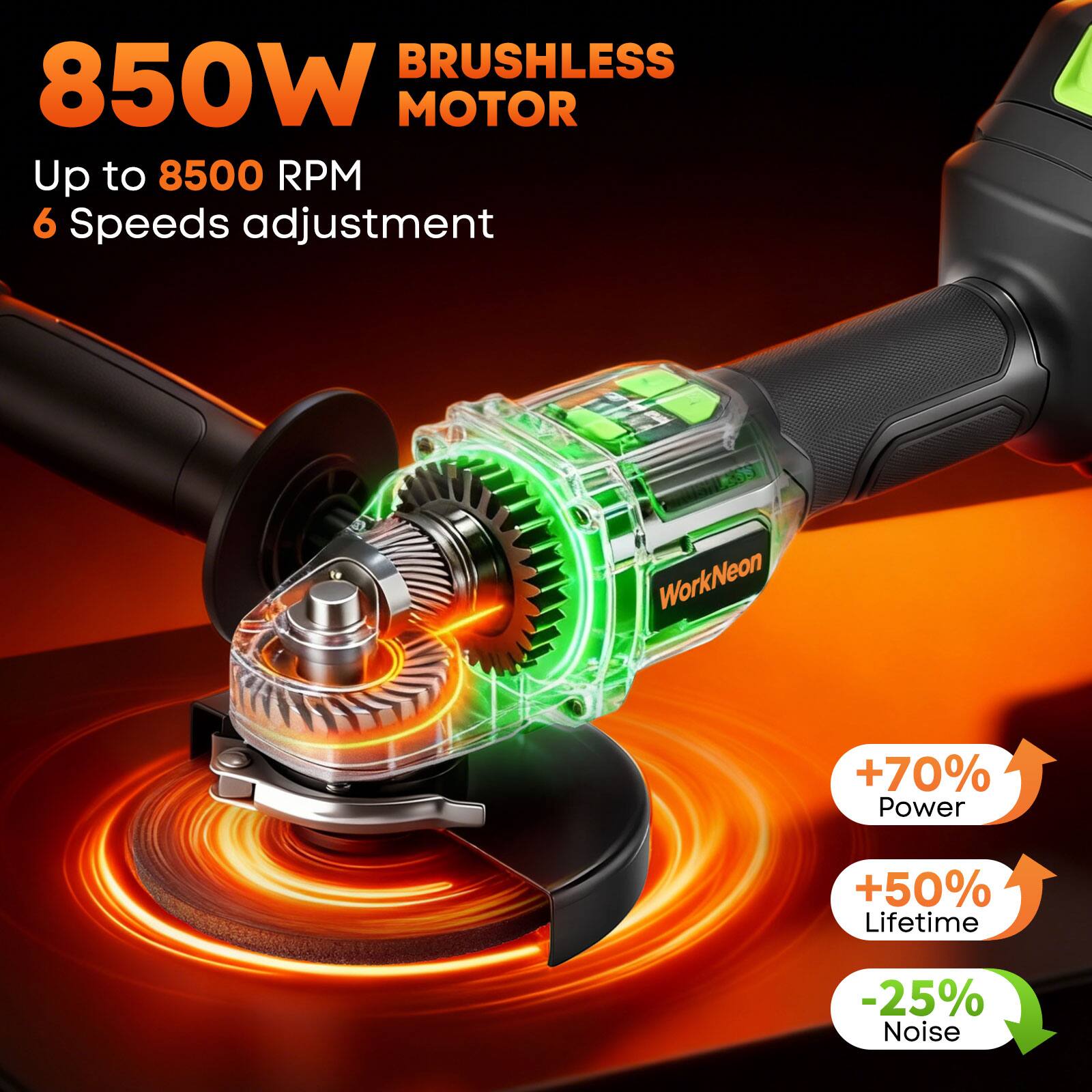 850W BRUSHLESS MOTOR  
Up to 8500 RPM  
6 Speeds adjustment  

+70% Power  
+50% Lifetime  
-25% Noise