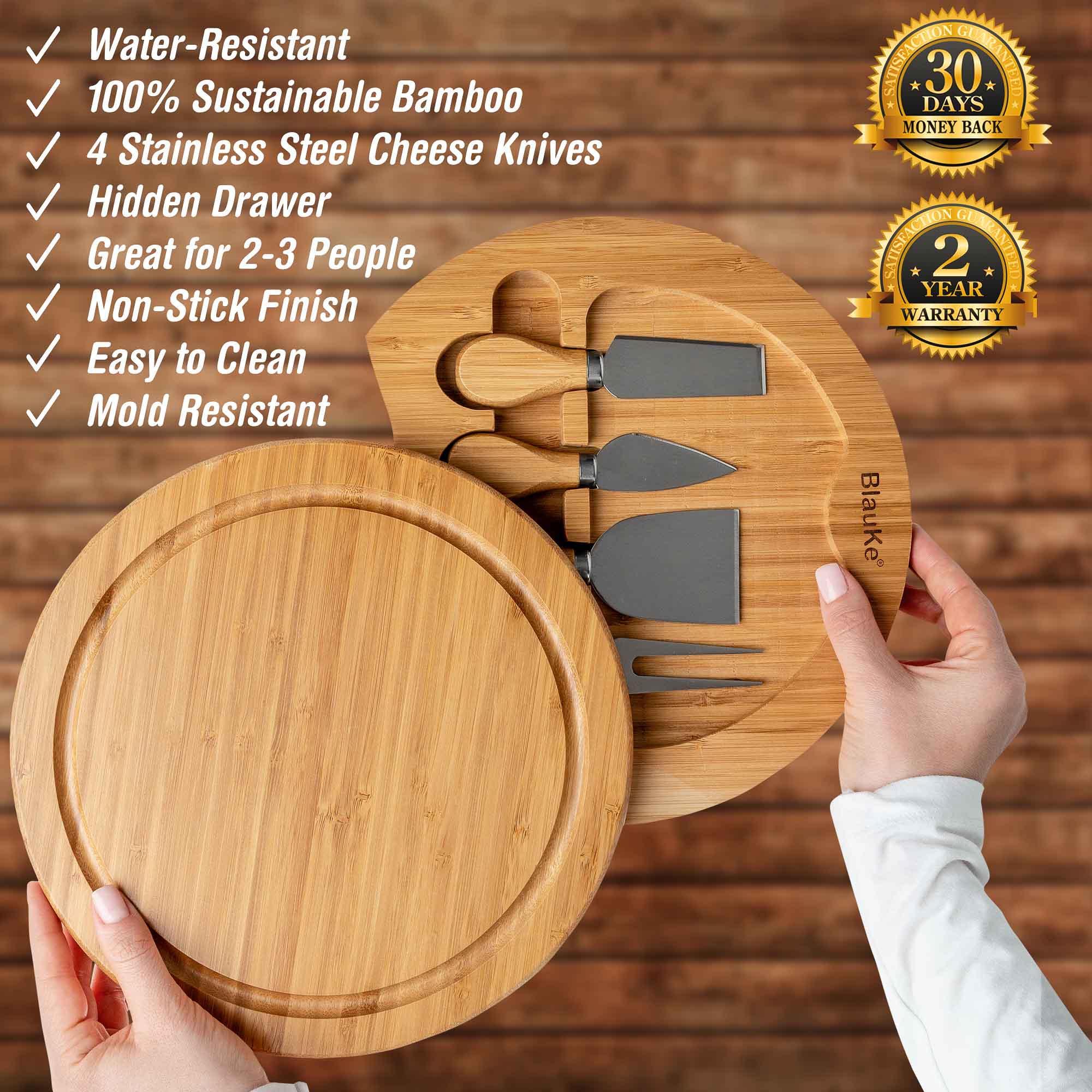 Water-Resistant, 100% Sustainable Bamboo, 4 Stainless Steel Cheese Knives, Hidden Drawer, Great for 2-3 People, Non-Stick Finish, Easy to Clean, Mold Resistant, 30-Days Money Back Guarantee, 2-Year Mantenance Warranty, BlauKe