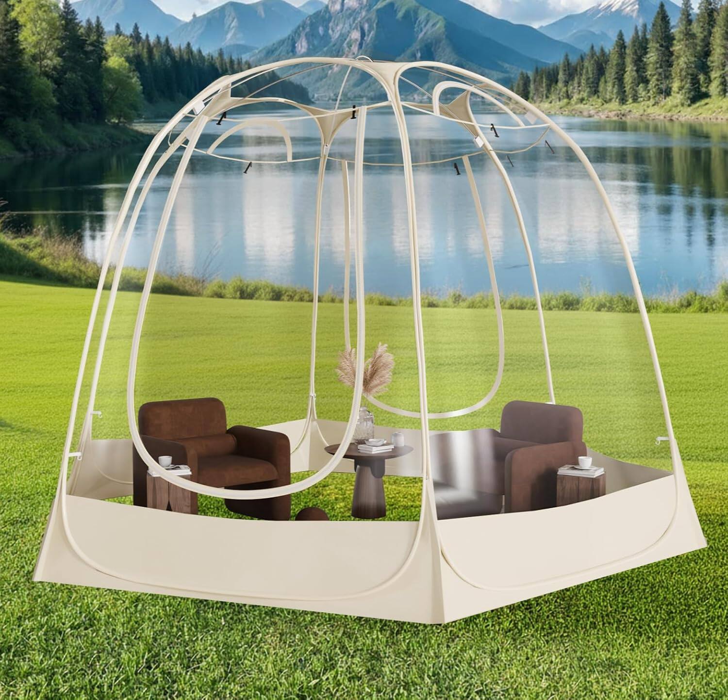 Front. Circus Cirle - Pop Up Bubble Tent for 12-14 Person, 12×12ft  - Beige.