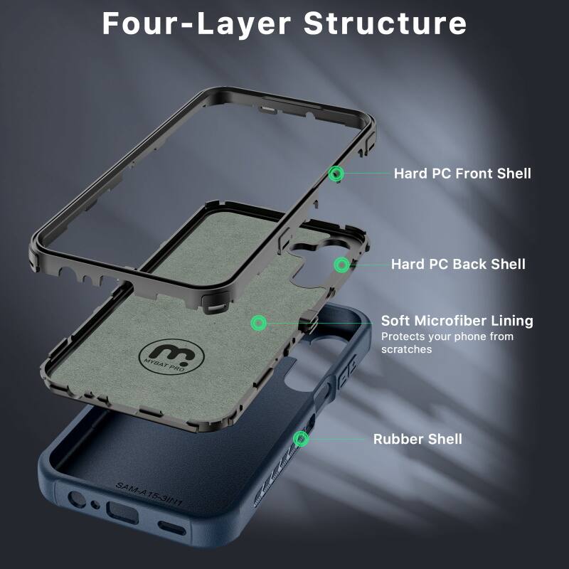 Four-Layer Structure
Hard PC Front Shell
Hard PC Back Shell
Soft Microfiber Lining
Protects your phone from scratches
Rubber Shell
MYBAT PRO
SAM-A 15-31N1