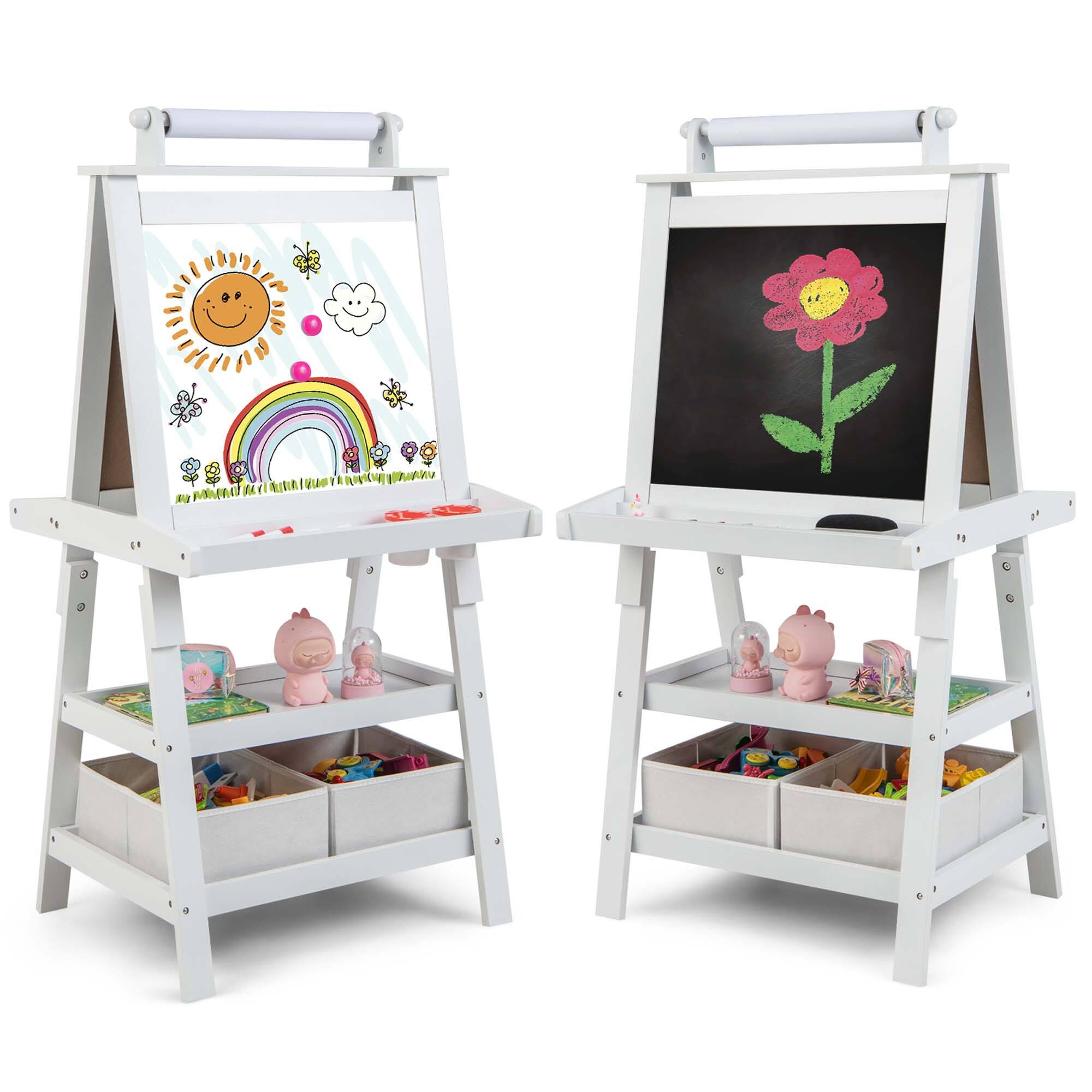 Costway - Kids Art Easel Double Sided Chalkboard Magnetic Whiteboard with Storage Tray - White