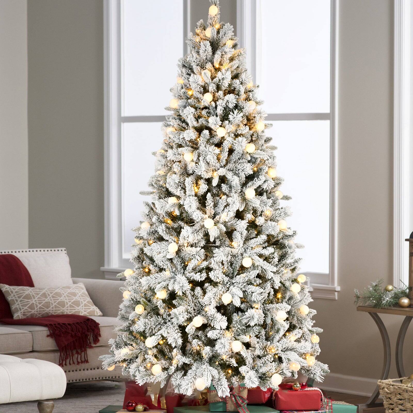 Alt View 5. BreeBe - 7.5ft Flocked Christmas Tree with 400L Colorful LED Lights  with G45 ball - White.