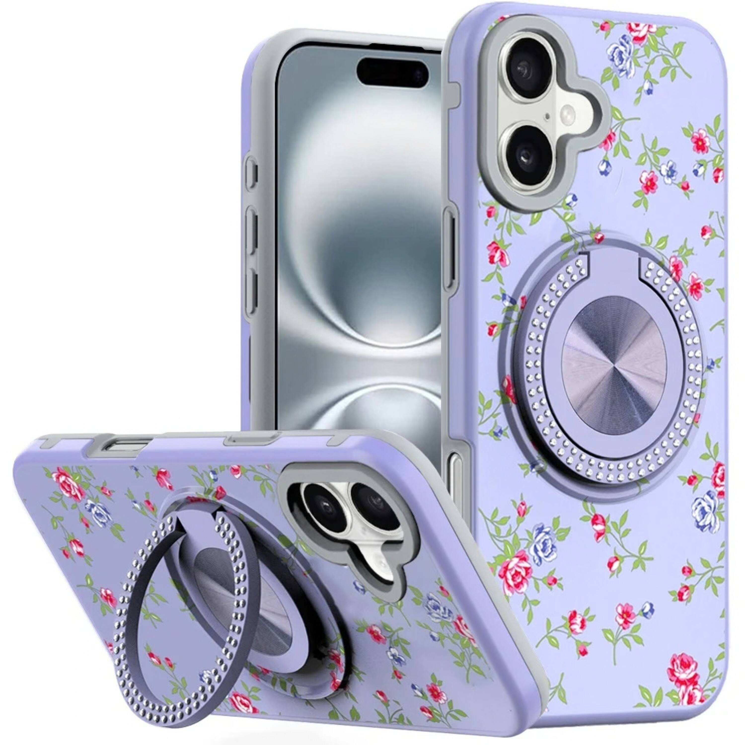 Front. Kitcheniva - Decorative 360 Rotating Ring Stand Phone Case With Tempered Glass For iPhone 16 6.1 Inch Purple Flowers - Purple.