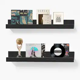 BOMEDA - 2 Pack 16 in Floating Picture Ledge Shelves, Wooden Wall Shelf for Books, Photos & Decor Display for Living Room - Black