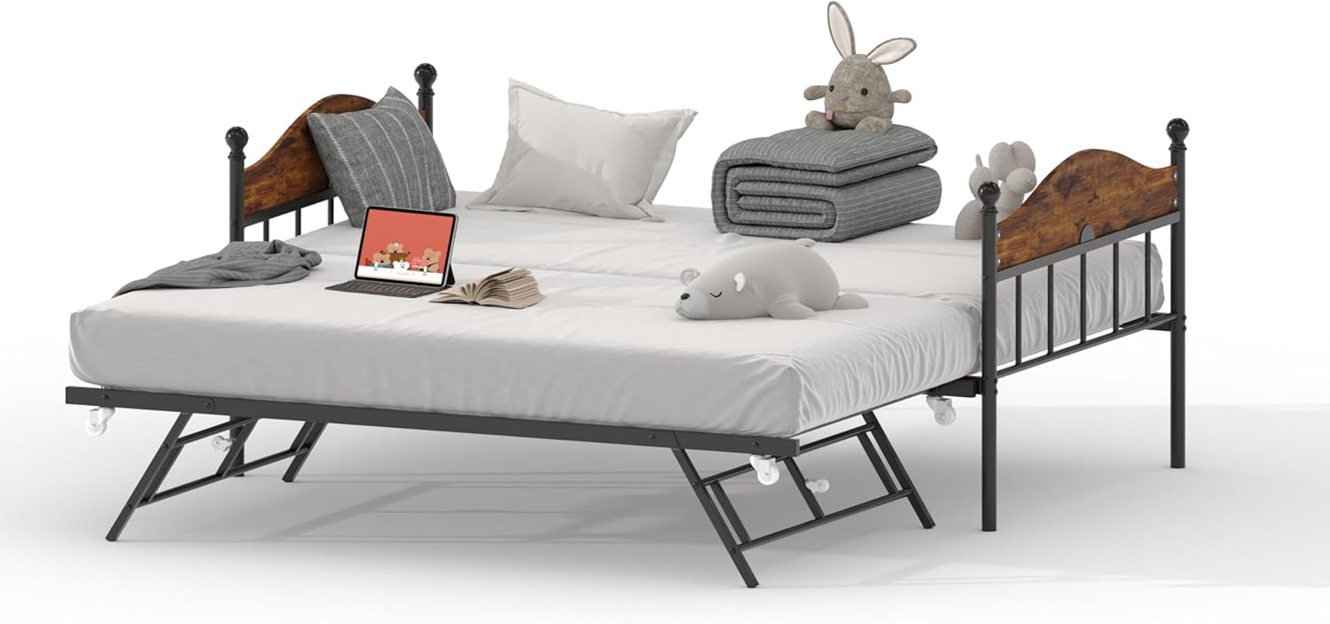 Angle. GARVEE - Metal Twin Bed Frame with Pop-Up Foldable Trundle, Sofa Bed with Stylish Headboard, Rustic Brown - Rustic Brown.