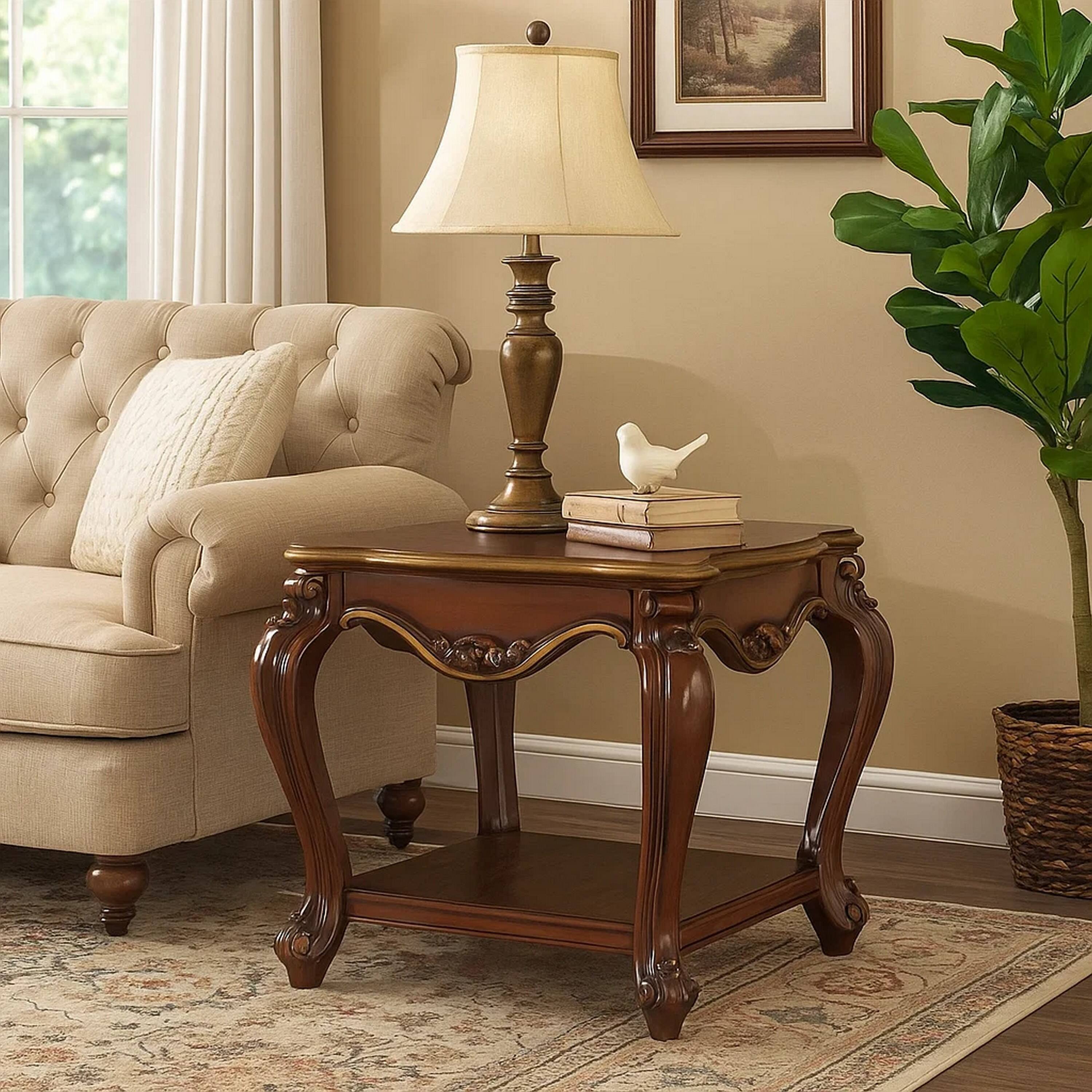 Alt View 5. Manhattan Lane - Wooden End Table with Open Bottom Shelf and Carved Details - Brown.