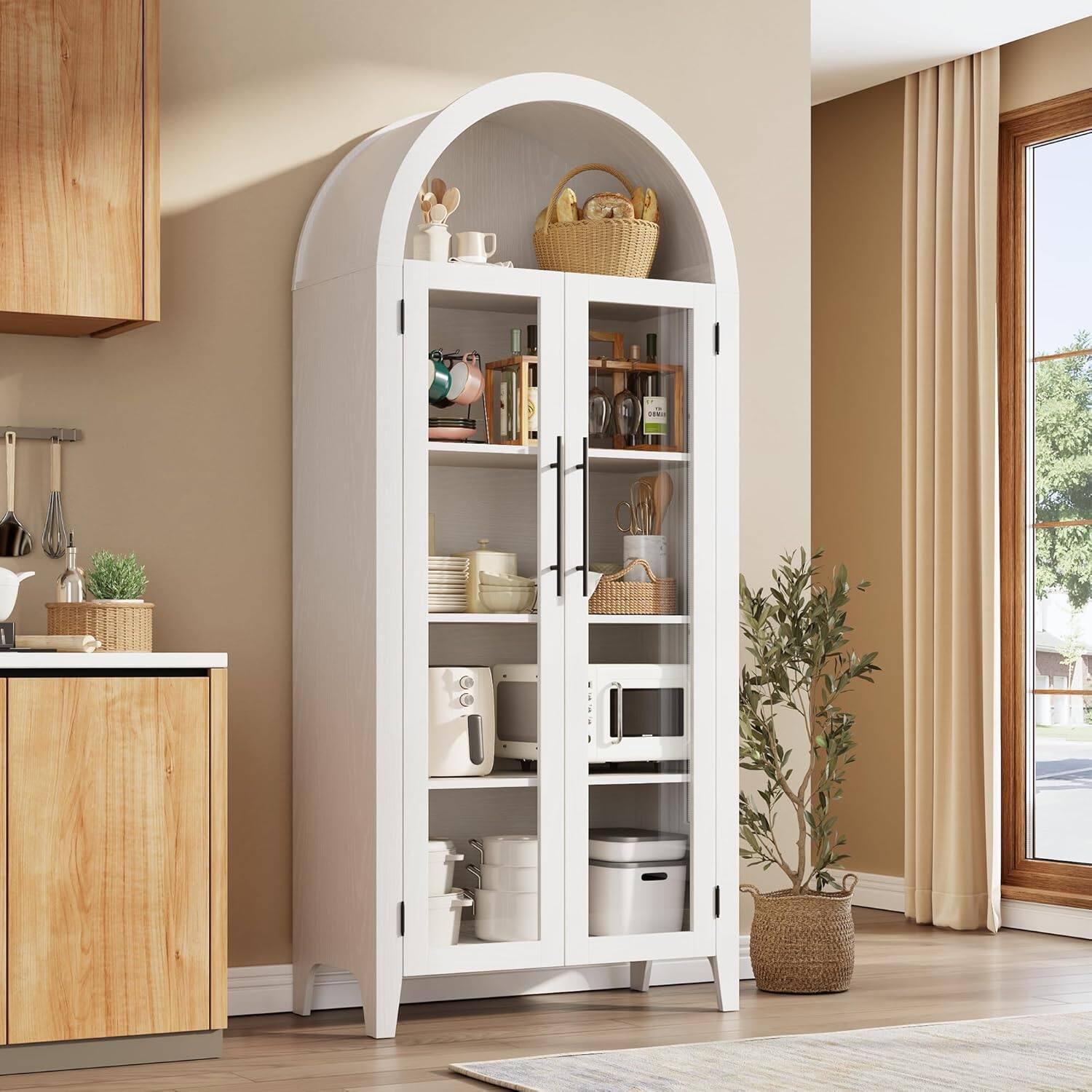 Homhougo - Arched Kitchen Pantry Cabinet, 5-Tier Open Shelf with Glass Doors, Farmhouse Storage for Kitchen & Dining - White