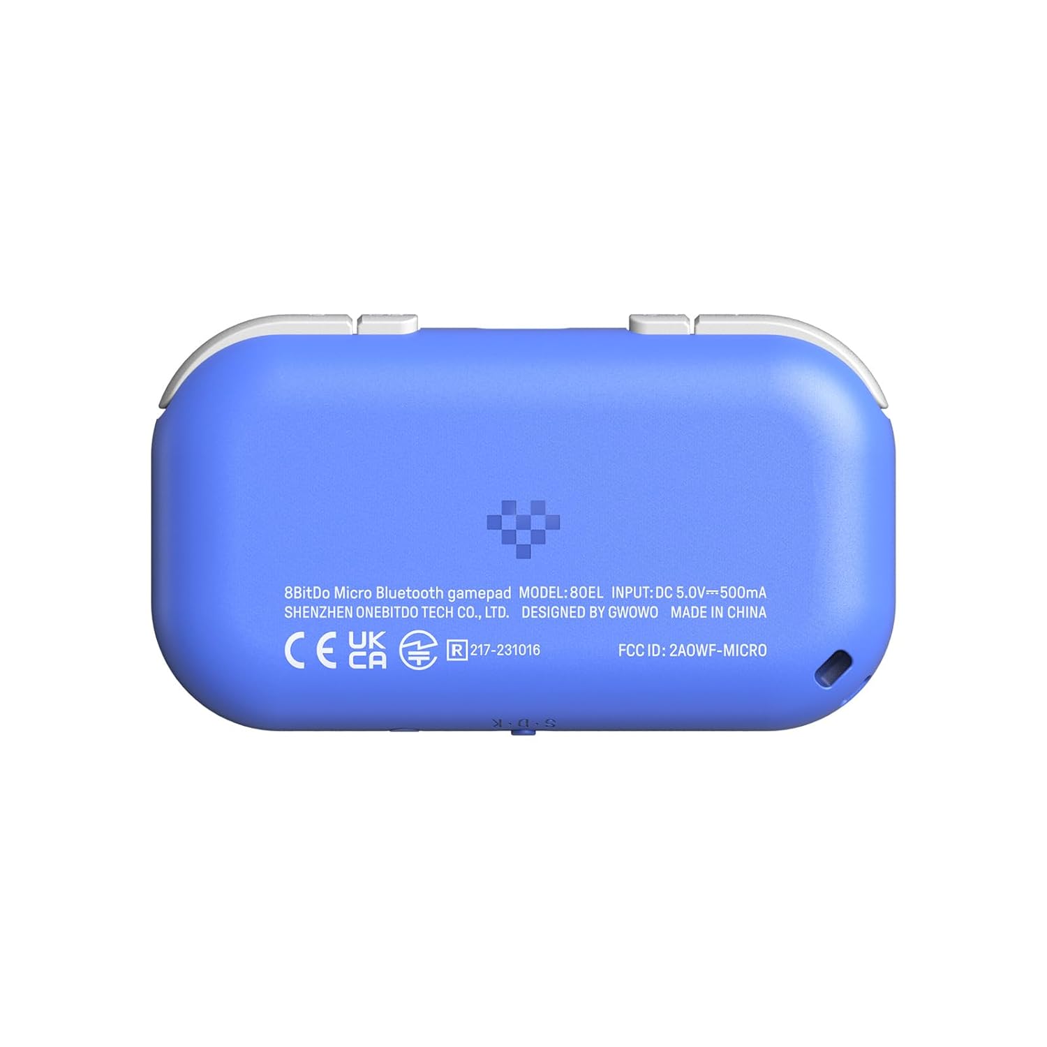 8BitDo Micro Bluetooth gamepad
MODEL: 80EL
INPUT: DC 5.0V~500mA
SHENZHEN ONEBITDO TECH CO., LTD.
DESIGNED BY GWOWO
MADE IN CHINA
FCC ID: 2A0WF-MICRO
CE UK
R217-231016