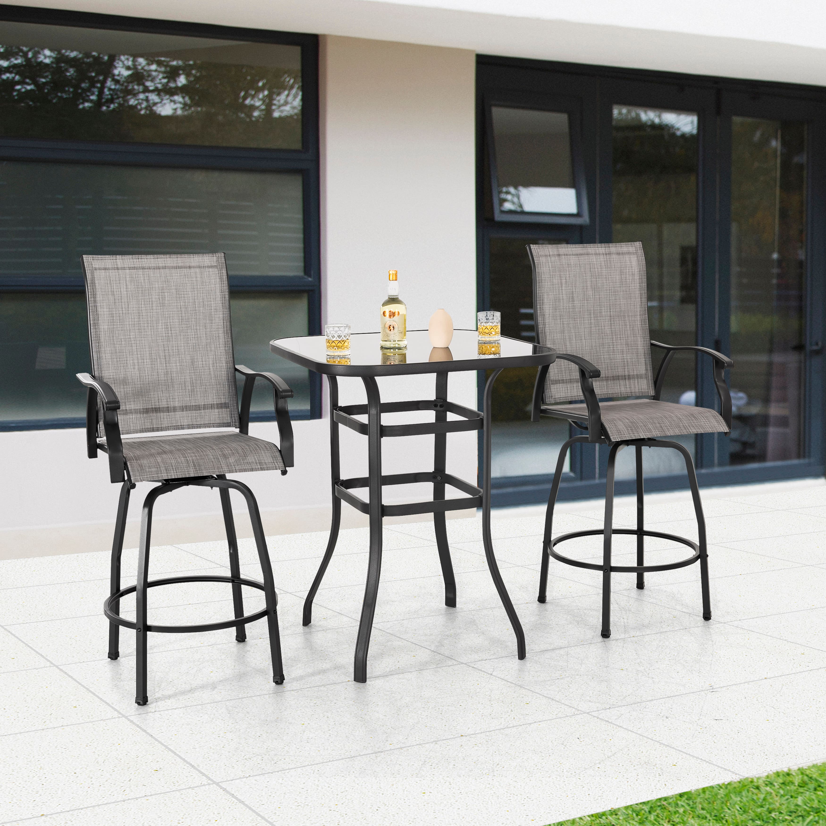 Nuu Garden - Outdoor 3-Piece Textilene Bar Set, Swivel Bar Stools and Bar Table - Gray/Black