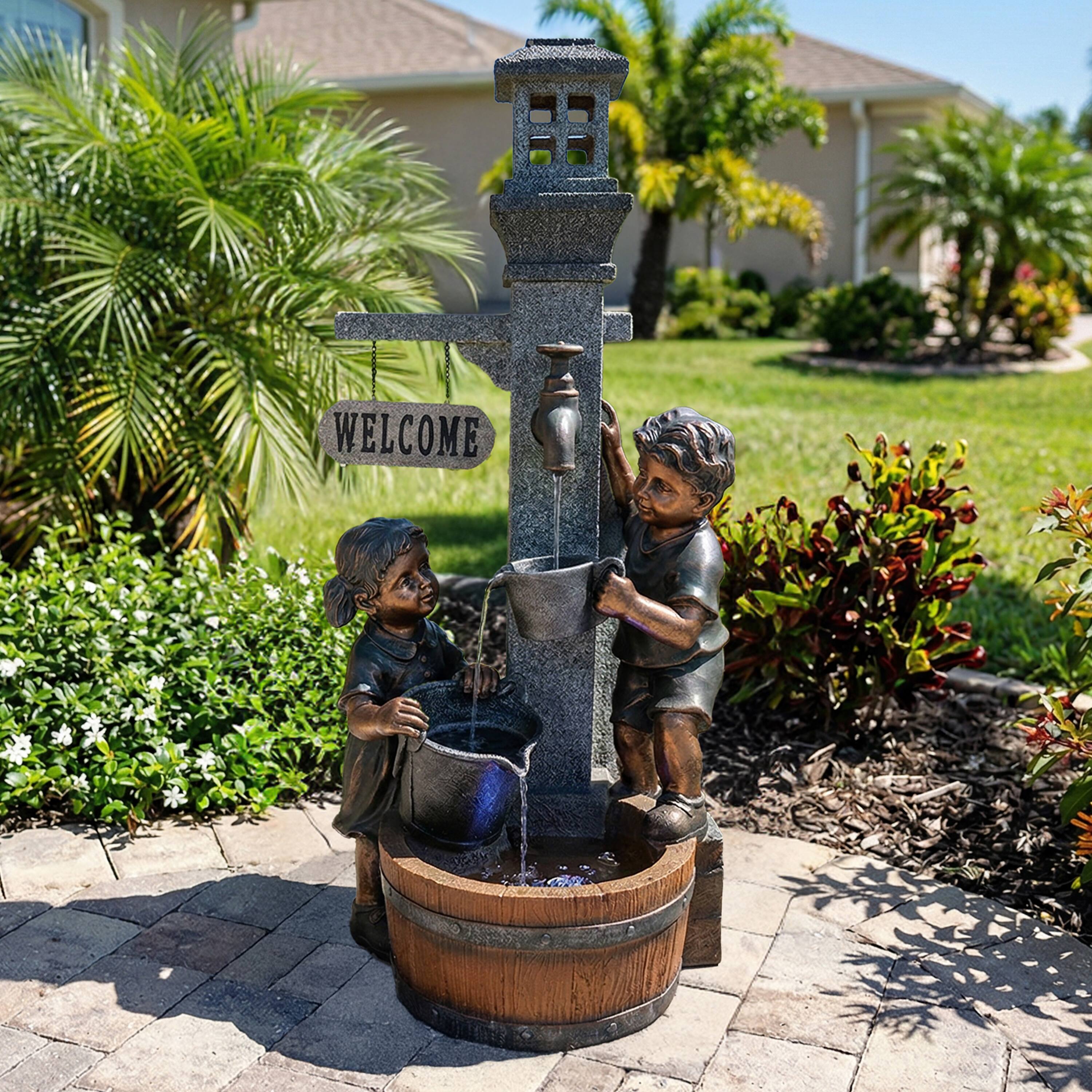 Alt View 7. Sunnydaze - Children Playing at Faucet Water Fountain with LED Lights - 40 in - Grey.