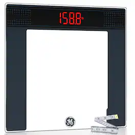 GE - Digital Bathroom Scale for Body Weight, Highly Accurate LED Display, 400lb, 11.8" Platform, 4 Units, with Body Tape - Clear