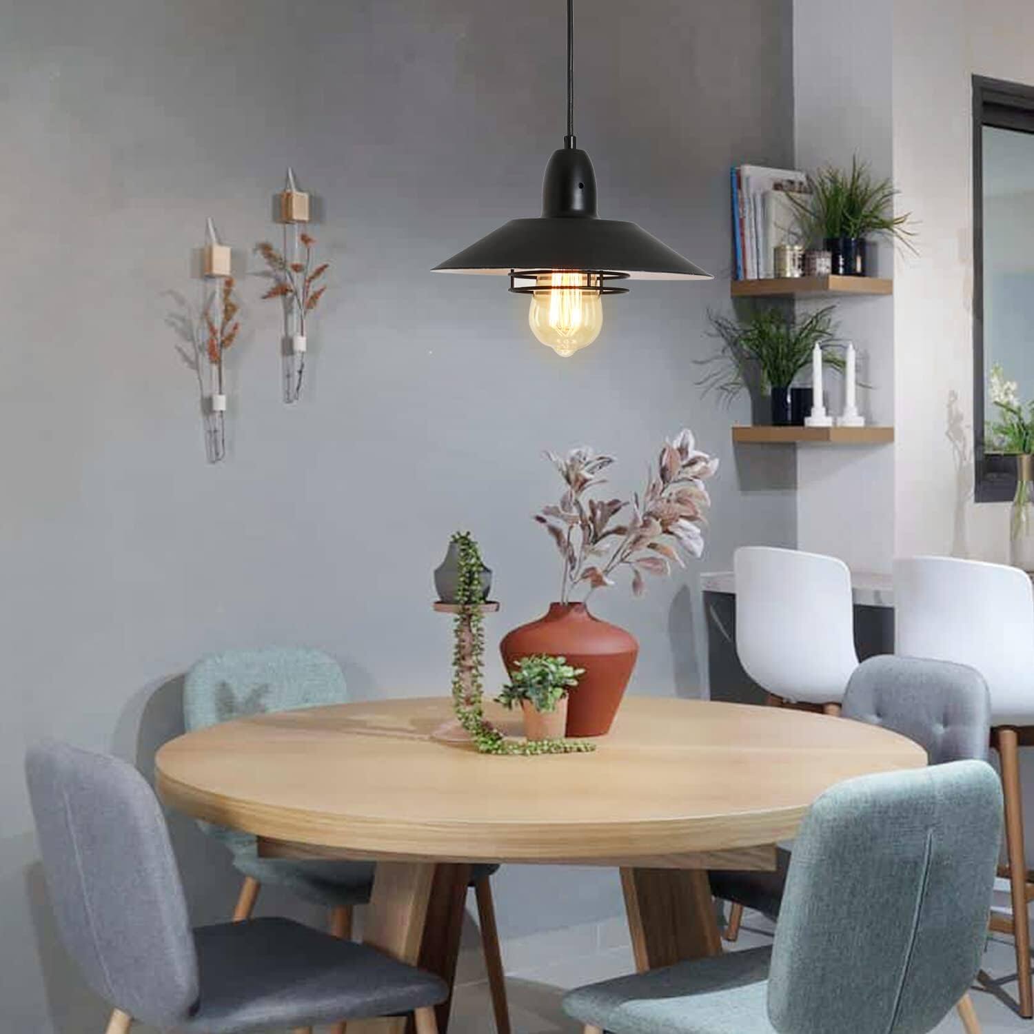 Left. APRILSOUL - Farmhouse Vintage Pendant Light Black Fixture Pendant Lights with Spring Frame Adjustable Metal Hanging Lamp.