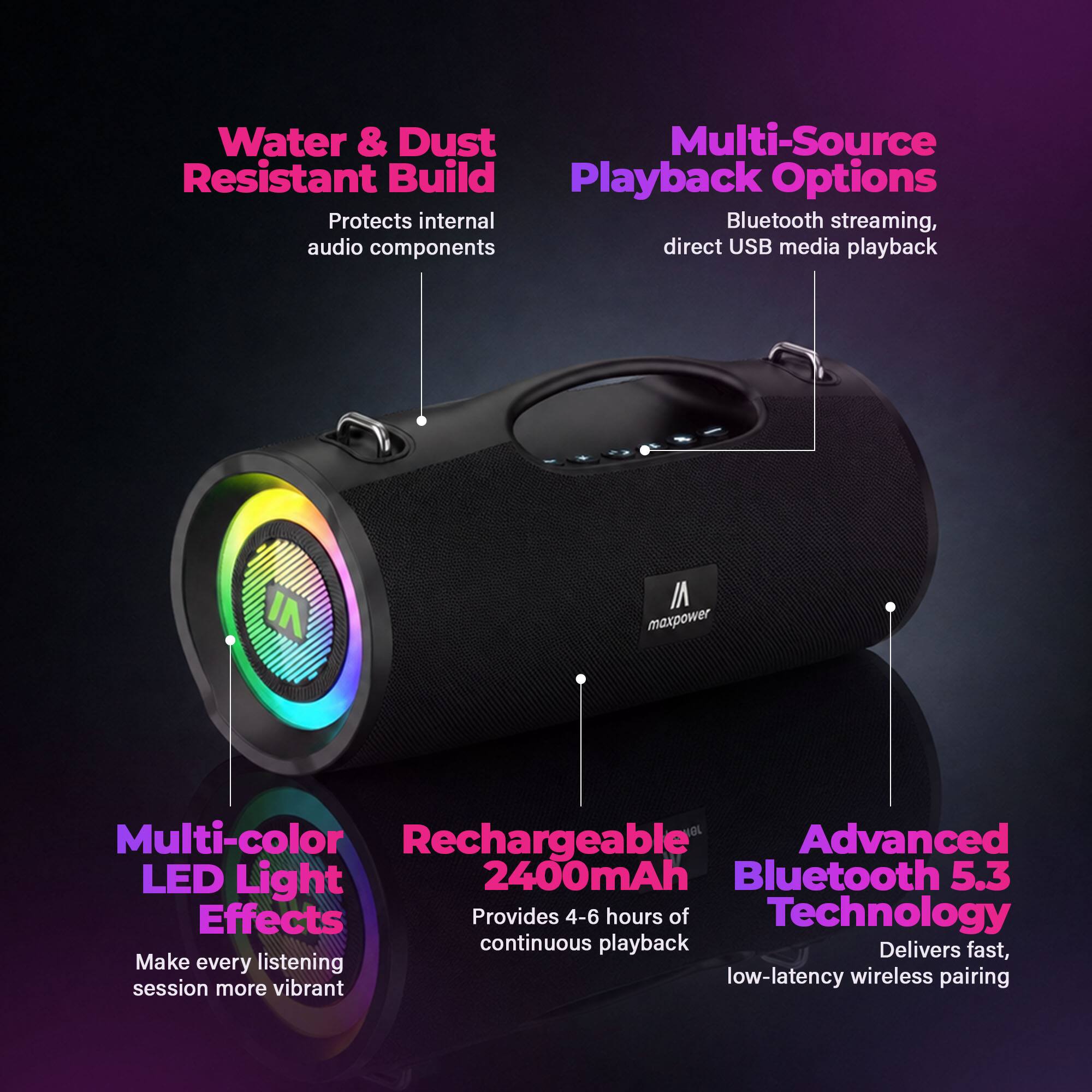 Water & Dust Resistant Build  
Protects internal audio components  

Multi-Source Playback Options  
Bluetooth streaming, direct USB media playback  

Multi-color LED Light Effects  
Make every listening session more vibrant  

Rechargeable 2400mAh  
Provides 4-6 hours of continuous playback  

Advanced Bluetooth 5.3 Technology  
Delivers fast, low-latency wireless pairing