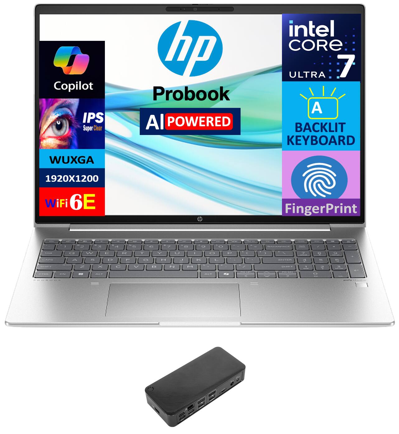 Sure, here is the corrected and grouped text from the image:

- **Copilot**
- **IPS Super Clear**
- **WUXGA 1920x1200**
- **WiFi 6E**
- **Intel Core Ultra 7**
- **AI Powered**
- **Backlit Keyboard**
- **Fingerprint**