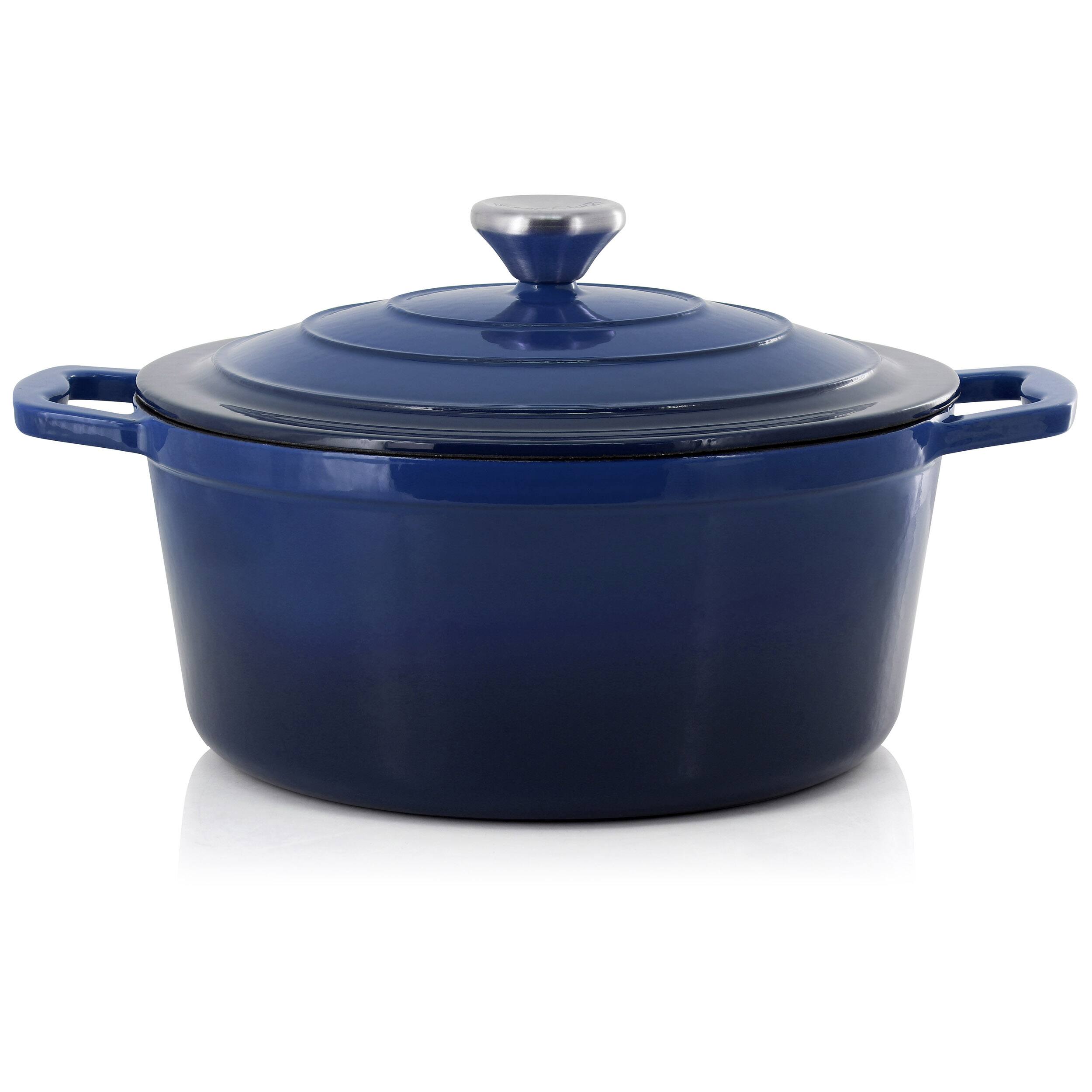 Alt View 1. Mega Chef - MegaChef 5 Quarts Round Enameled Cast Iron Casserole with Lid in Gradient Dark Blue - Dark Blue.