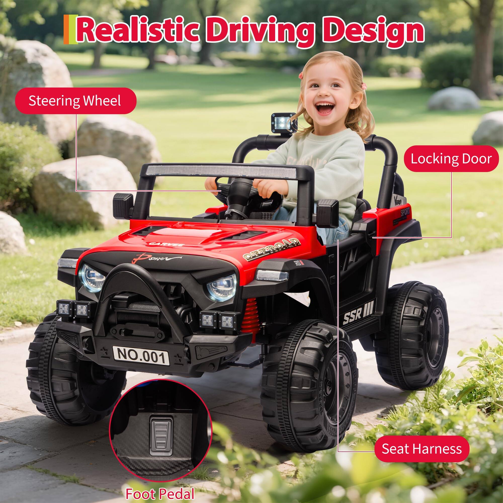 Realistic Driving Design

- Steering Wheel
- Locking Door
- Seat Harness
- Foot Pedal