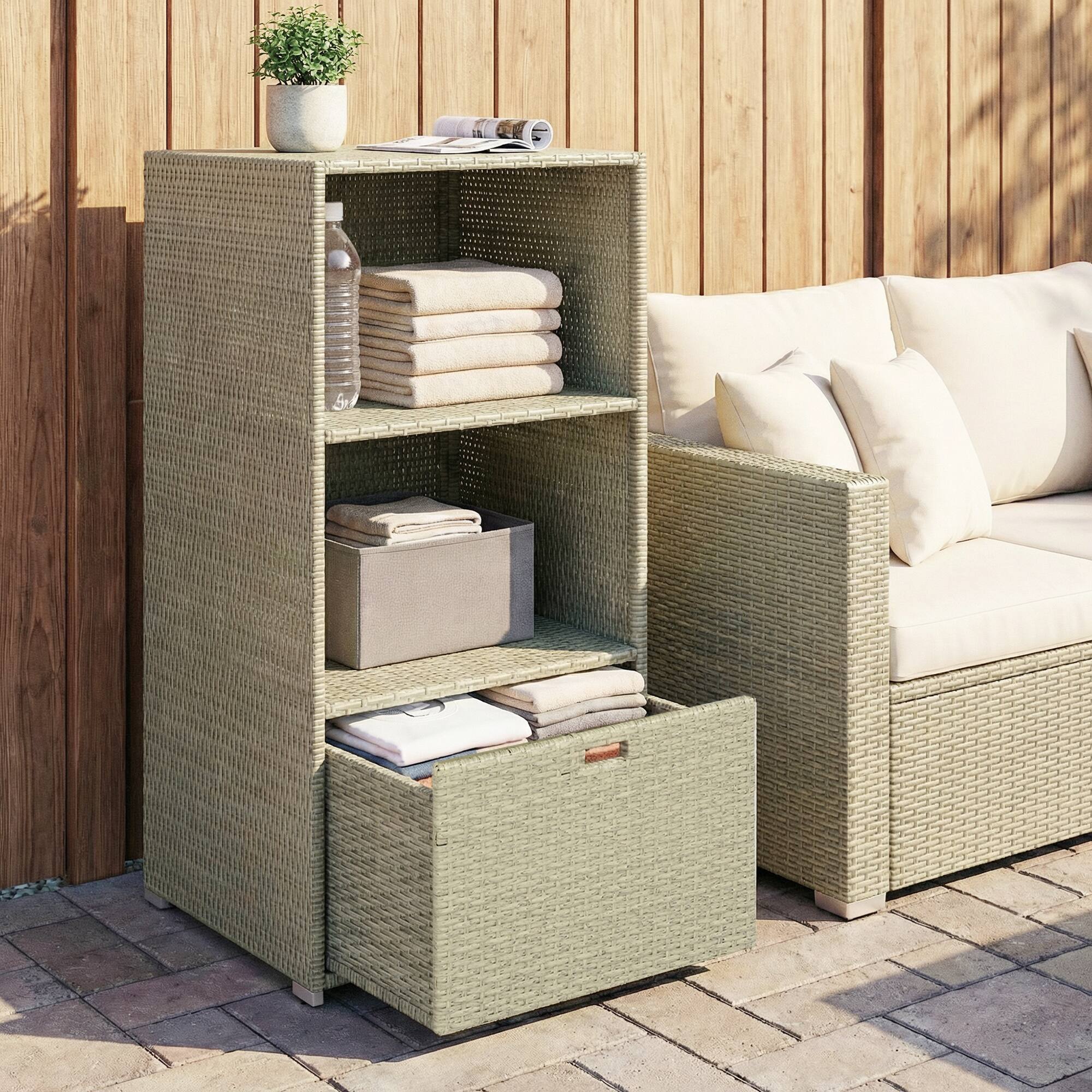 Alt View 1. Outsunny - Pool Towel Rack, Water-Resistant PE Plastic Rattan Wicker Storage Organizer, 2 Shelves - Gray.