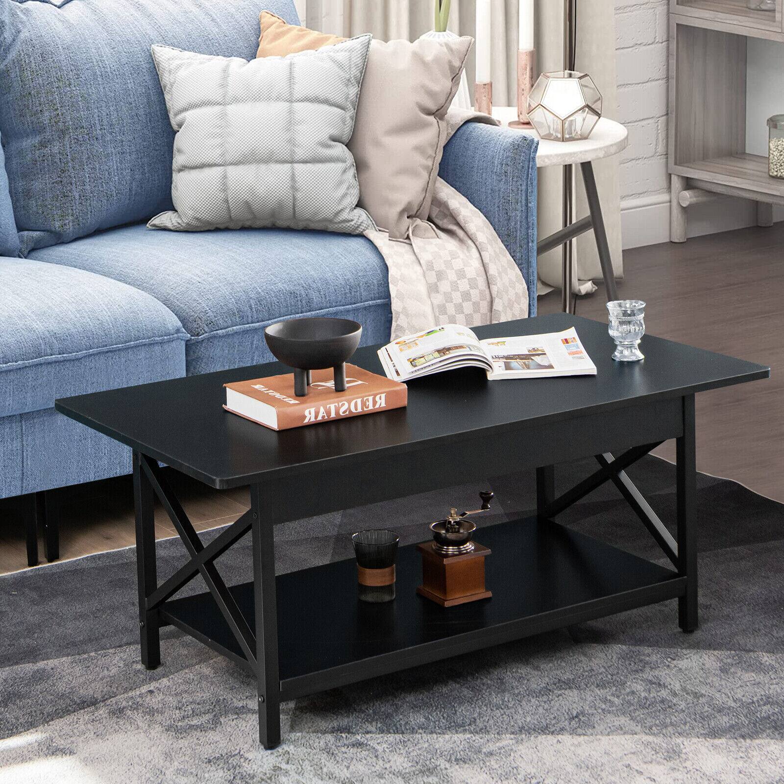 Alt View 4. Gymax - Gymax Coffee Table Industrial 2-Tier w/ Storage Shelf &Storage Shelf for Living Room Black - Black.