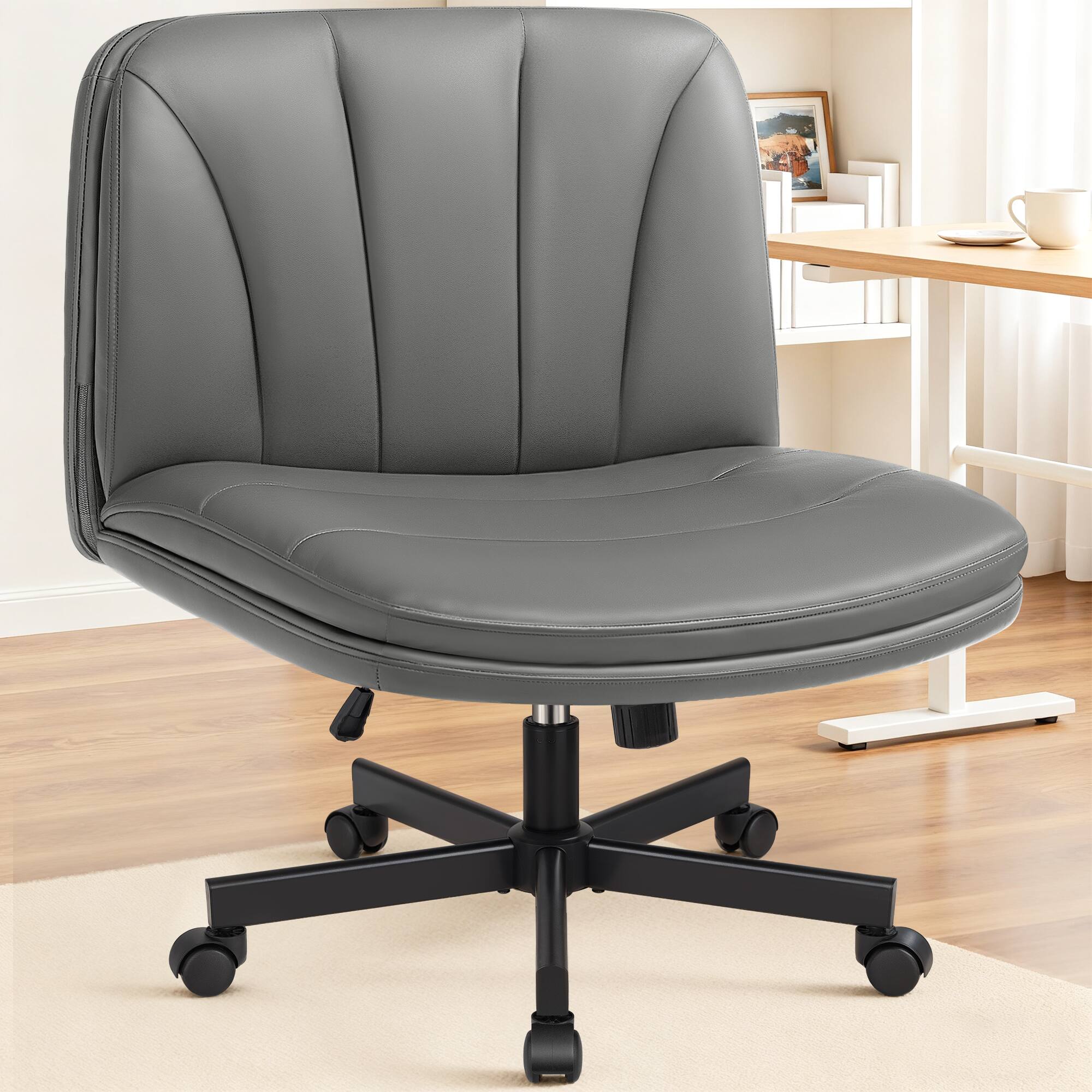 Angle. Brick Attic - Criss Cross Office Chair with Wheels, Armless Wide Dressing Table Chair with Backrest Comfortable PU Leather - Grey.