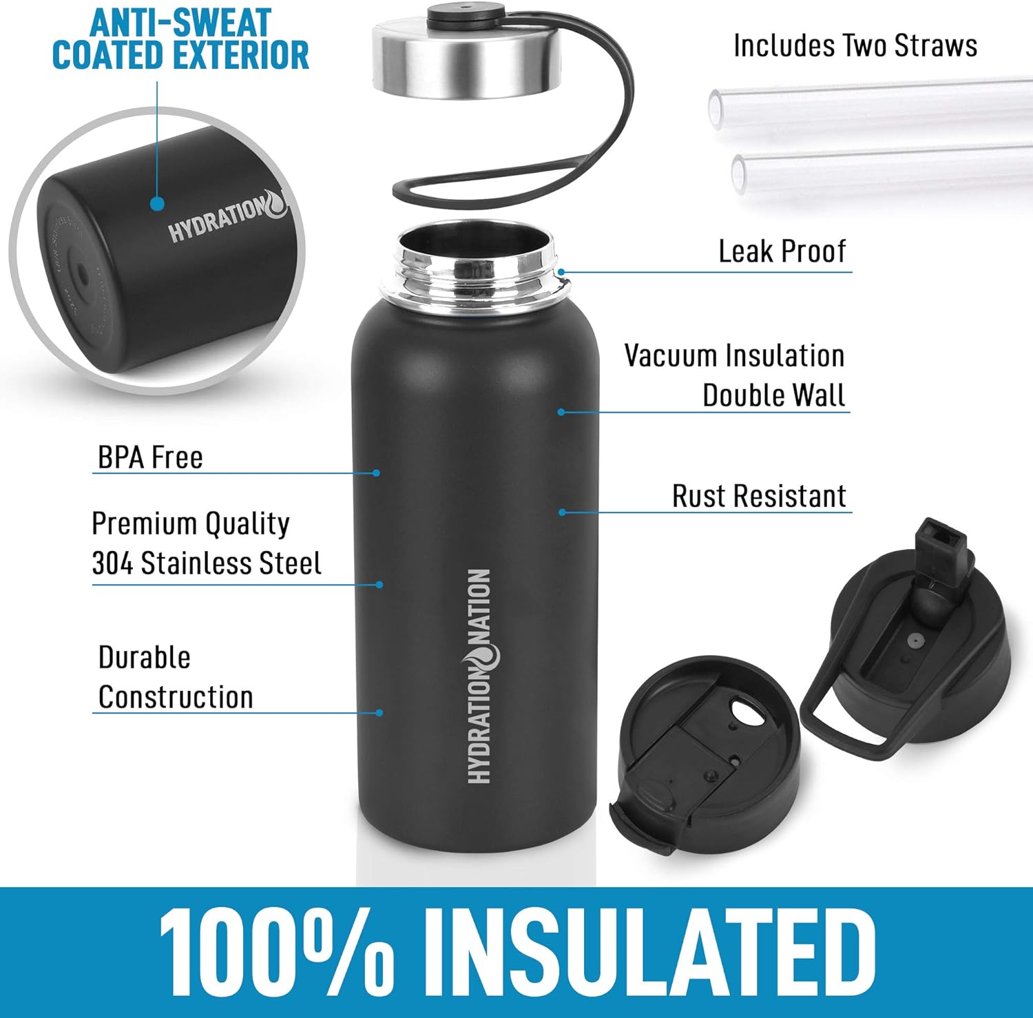 - Anti-Sweat Coated Exterior
- BPA Free
- Premium Quality 304 Stainless Steel
- Durable Construction
- Leak Proof
- Vacuum Insulation Double Wall
- Rust Resistant
- Includes Two Straws
- 100% Insulated