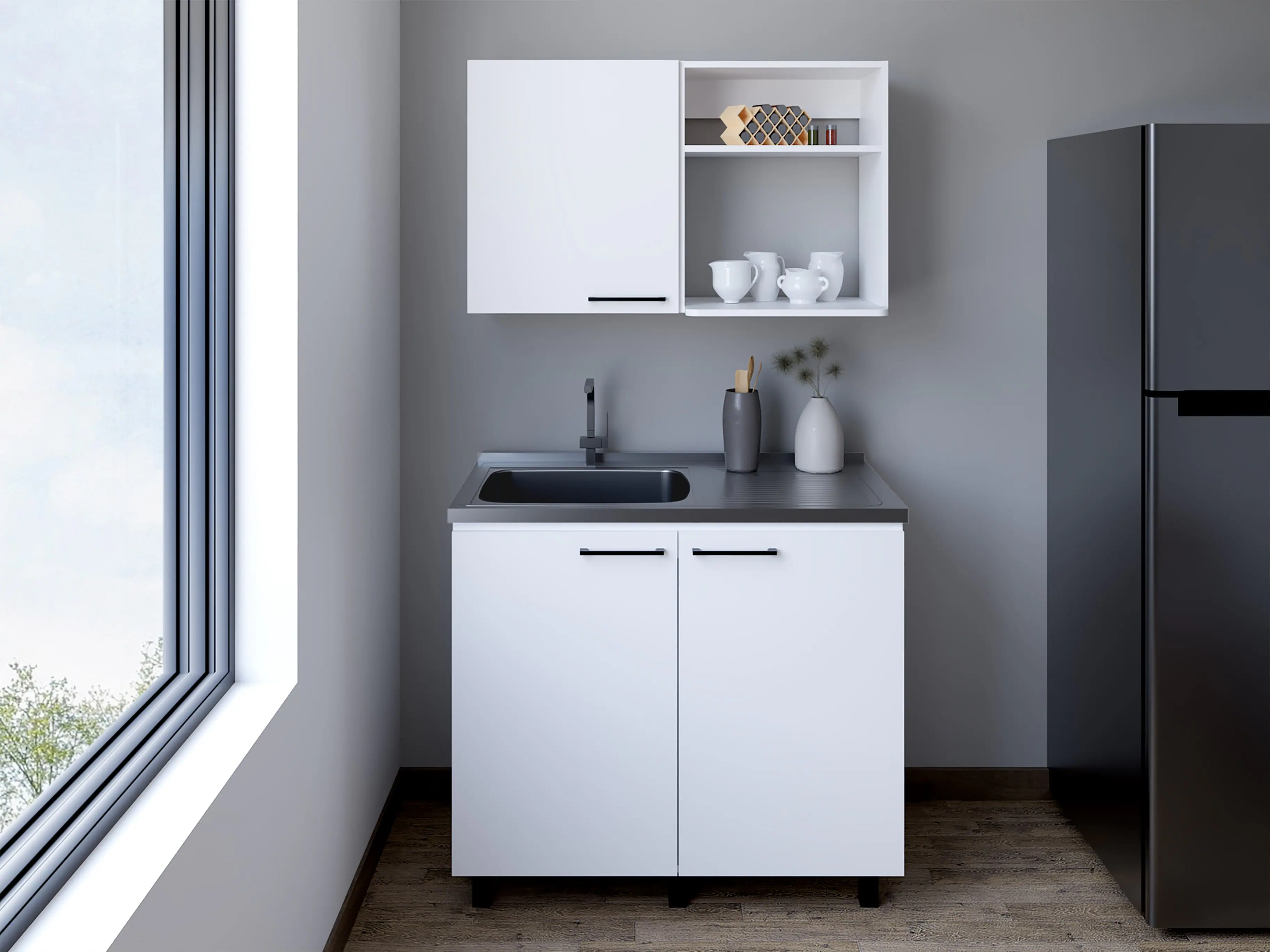 Front. TinyHomie - Alexandria 2 Piece White Kitchen Set Wall Cabinet   Utility Sink - White.