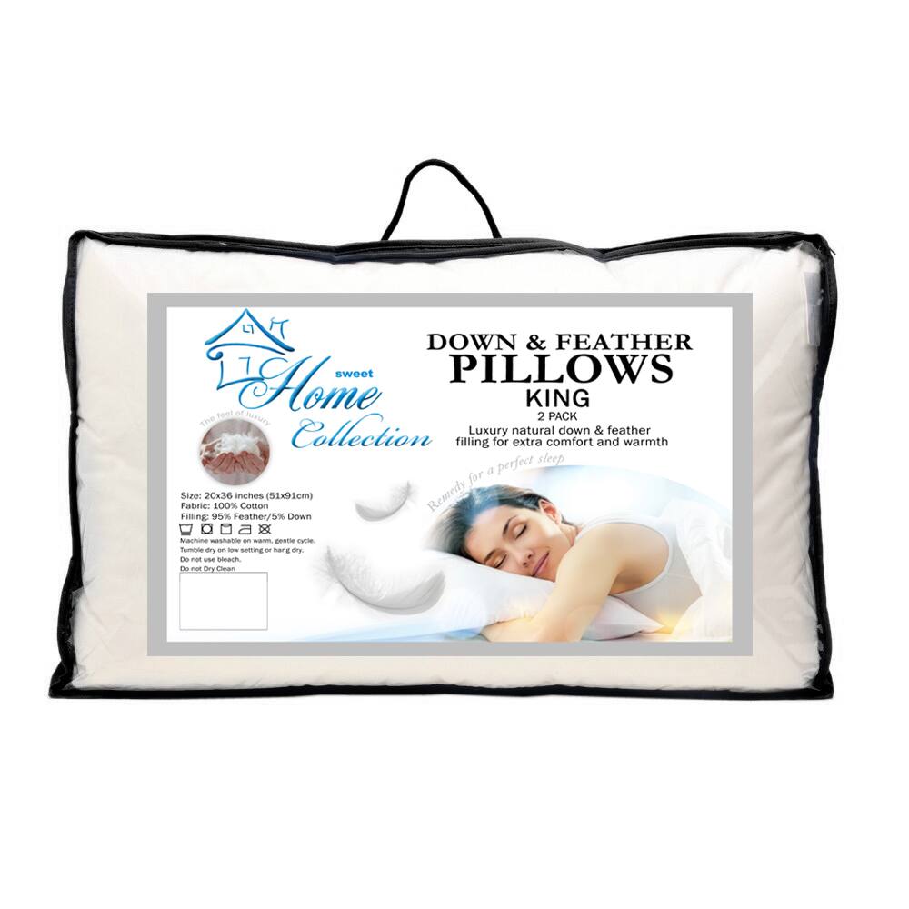 **DOWN & FEATHER PILLOWS**  
**KING**  
2 PACK  

Luxury natural down & feather filling for extra comfort and warmth  

**Size:** 20x36 inches (51x91cm)  
**Fabric:** 100% Cotton  
**Filling:** 95% Feather/5% Down  

**Care Instructions:**  
- Machine wash cold, gentle cycle.  
- Tumble dry on low setting or hang dry.  
- Do not use bleach.  
- Do not dry clean.  

**Sweet Home Collection**  
*The feel of luxury for a perfect sleep*
