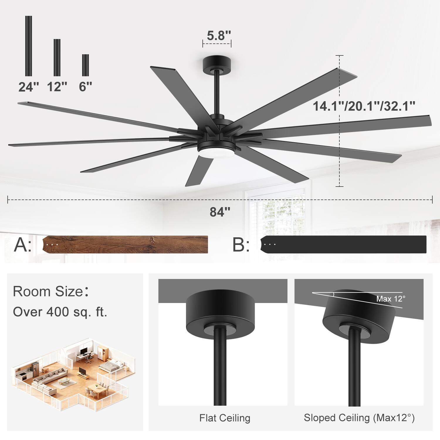 5.8" 24" 12" 6" 14.1"/20.1"/32.1" 14.1' 84"  
A:  
B:  
Room Size: Over 400 sq. ft.  
Flat Ceiling  
Sloped Ceiling (Max 12°)