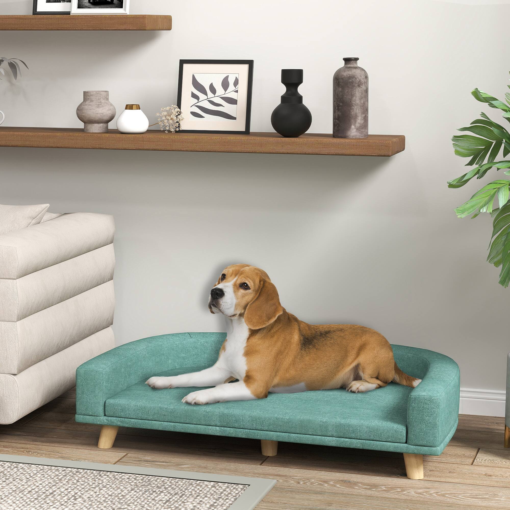 Angle. Pawhut - Dog Sofa Couch, Pet Bed with Comfortable Cushion, Wooden Legs, Large Dogs, Cats, Kittens - Green.