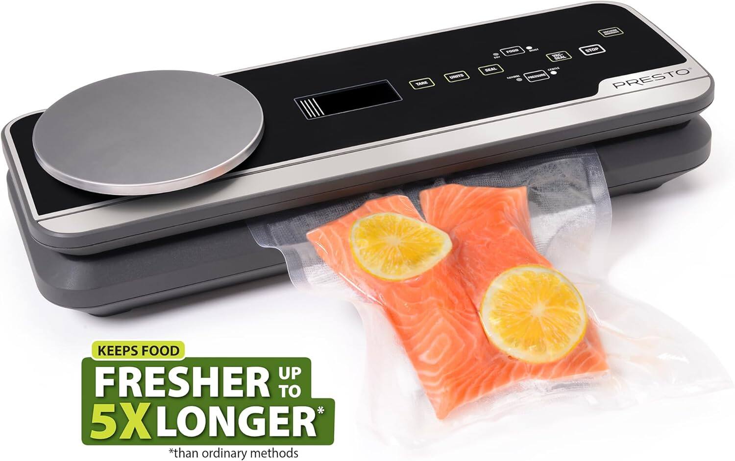 BRAT UNITS FOOD VAR AEAL SEAL SESILL N PRESSIRE STOP PRESTO KEEPS FOOD UP FRESHER TO 5X LONGER *than ordinary methods

KEEPS FOOD FRESHER UP TO 5X LONGER *than ordinary methods