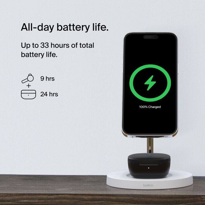 All-day battery life.  
Up to 33 hours of total battery life.  
9 hrs  
24 hrs  
100% Charged  
belkin