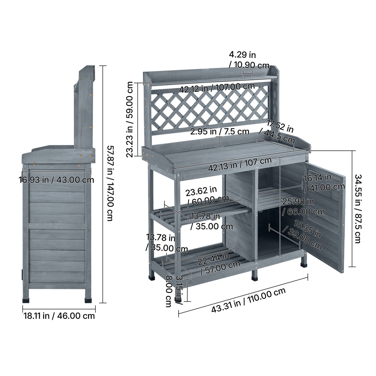 16.93 in / 43.00 cm  
18.11 in / 46.00 cm  
23.23 in / 59.00 cm  
4.29 in / 10.90 cm  
12 in / 30.48 cm  
42.12 in / 107.00 cm  
2.95 in / 7.5 cm  
44.5 cm / 113.00 cm  
17.52 in / 44.5 cm  
23.62 in / 60.00 cm  
13.78 in / 35.00 cm  
15.35 in / 39.00 cm  
22.44 in / 57.00 cm  
3.15 in / 8.00 cm  
43.31 in / 110.00 cm  
34.55 in / 87.5 cm