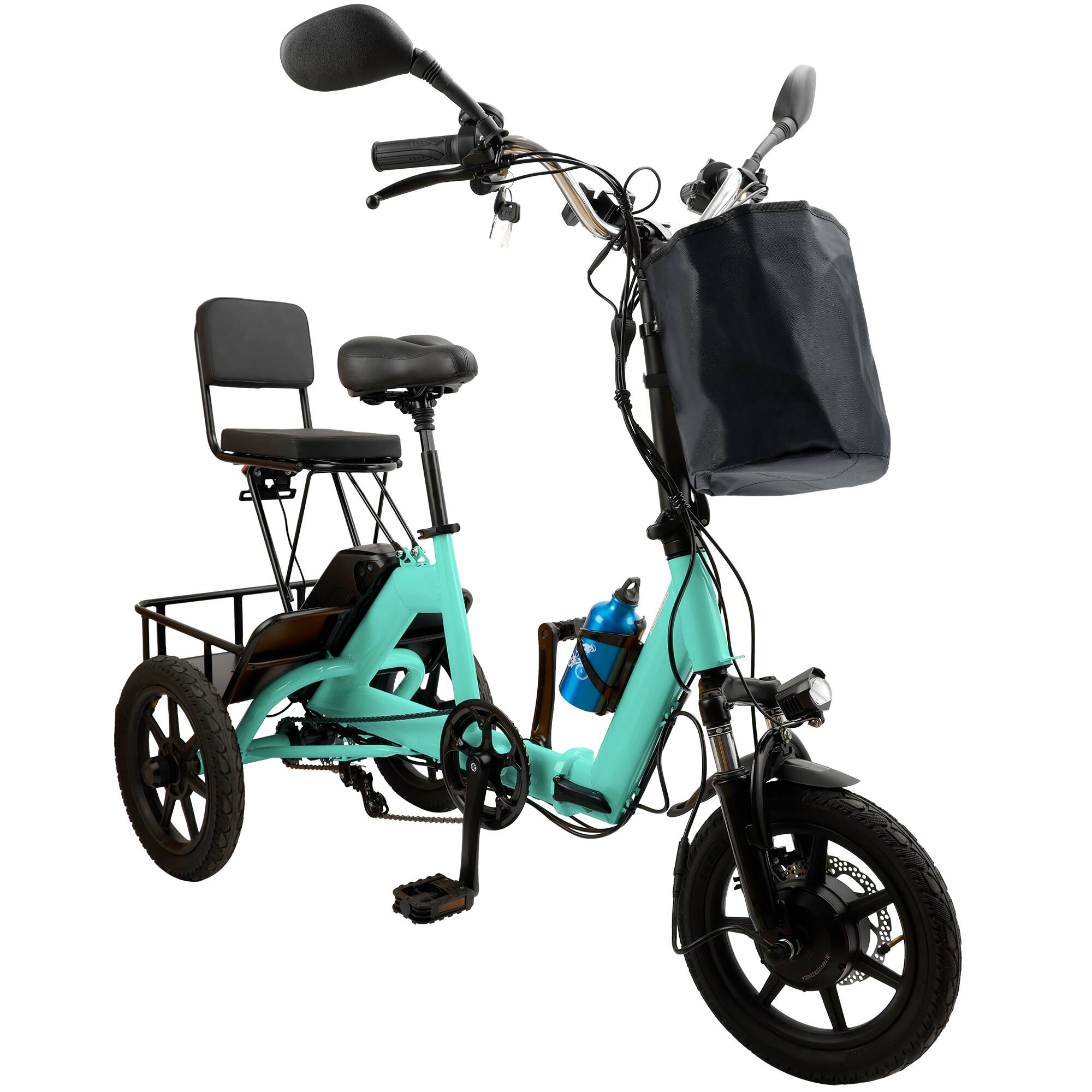 Angle. Topteng - ​​350W 48V 10.4Ah Folding Electric Trike for Adults - 3 Modes, 13MPH, 28 Miles to 43 Miles Range, 396lbs Cyan - Cyan.