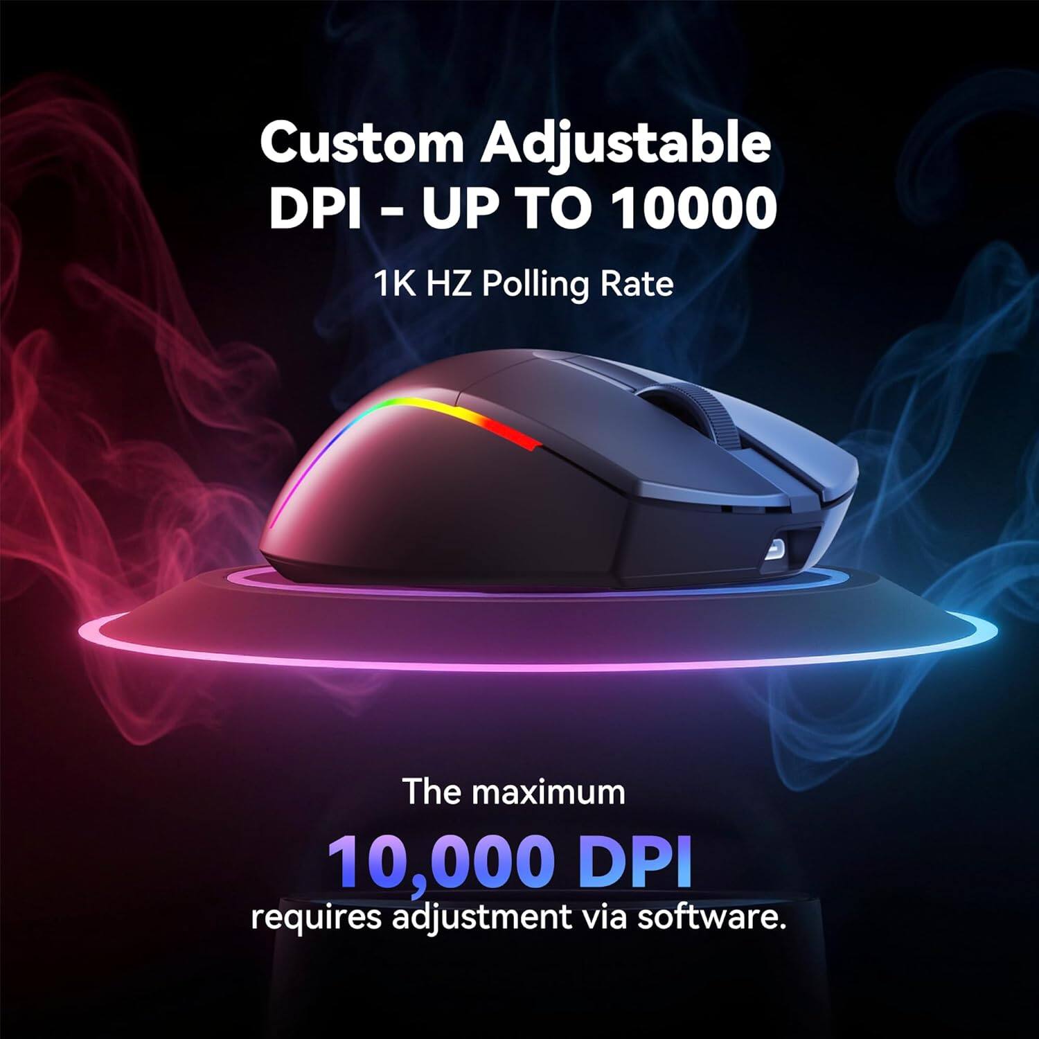 Custom Adjustable DPI - UP TO 10000  
1K HZ Polling Rate  

The maximum 10,000 DPI requires adjustment via software.