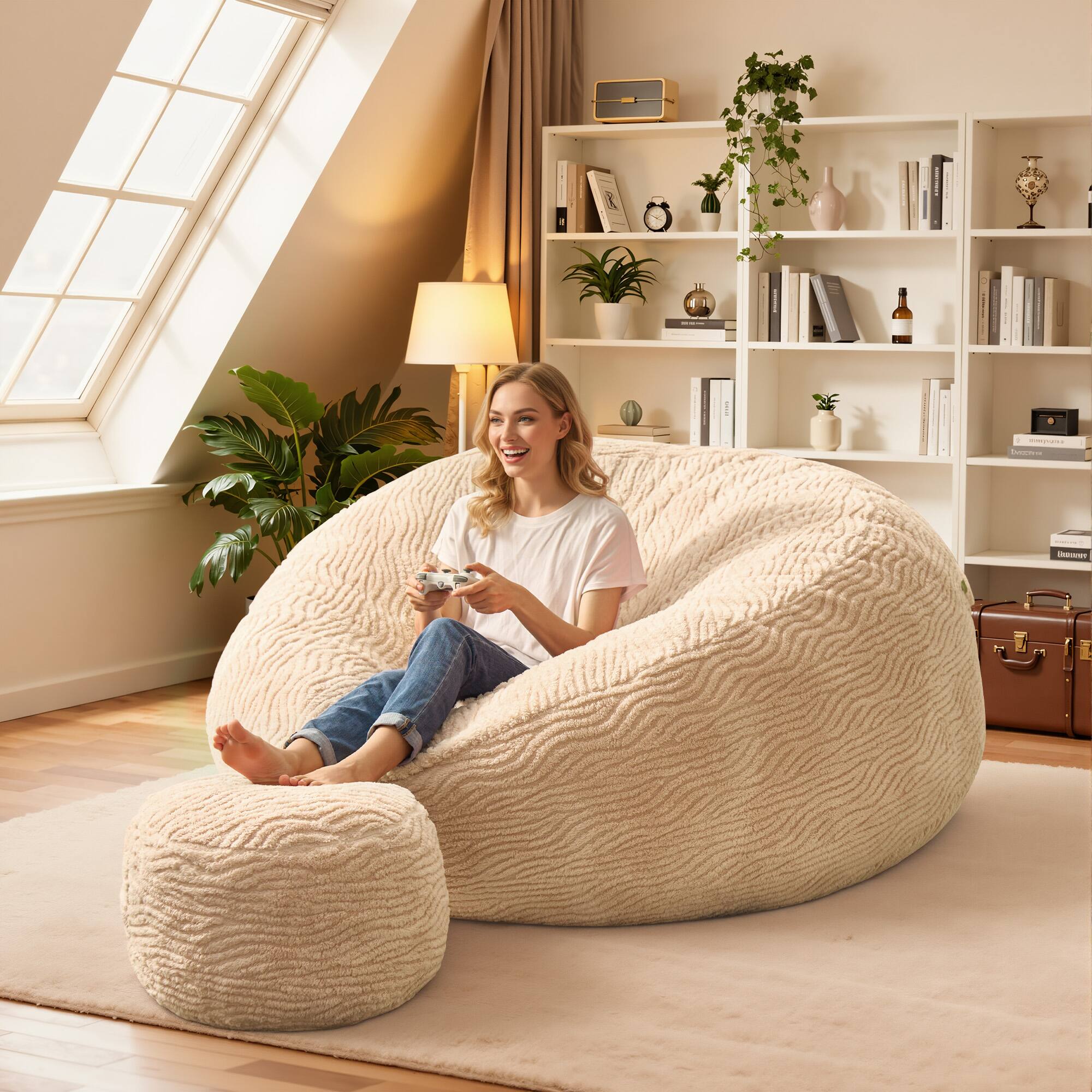 Alt View 2. Ovios - 59" Big Bean Bag Chair with Removable Cover & Ottoman for Living Room Bedroom - Beige(Striped).