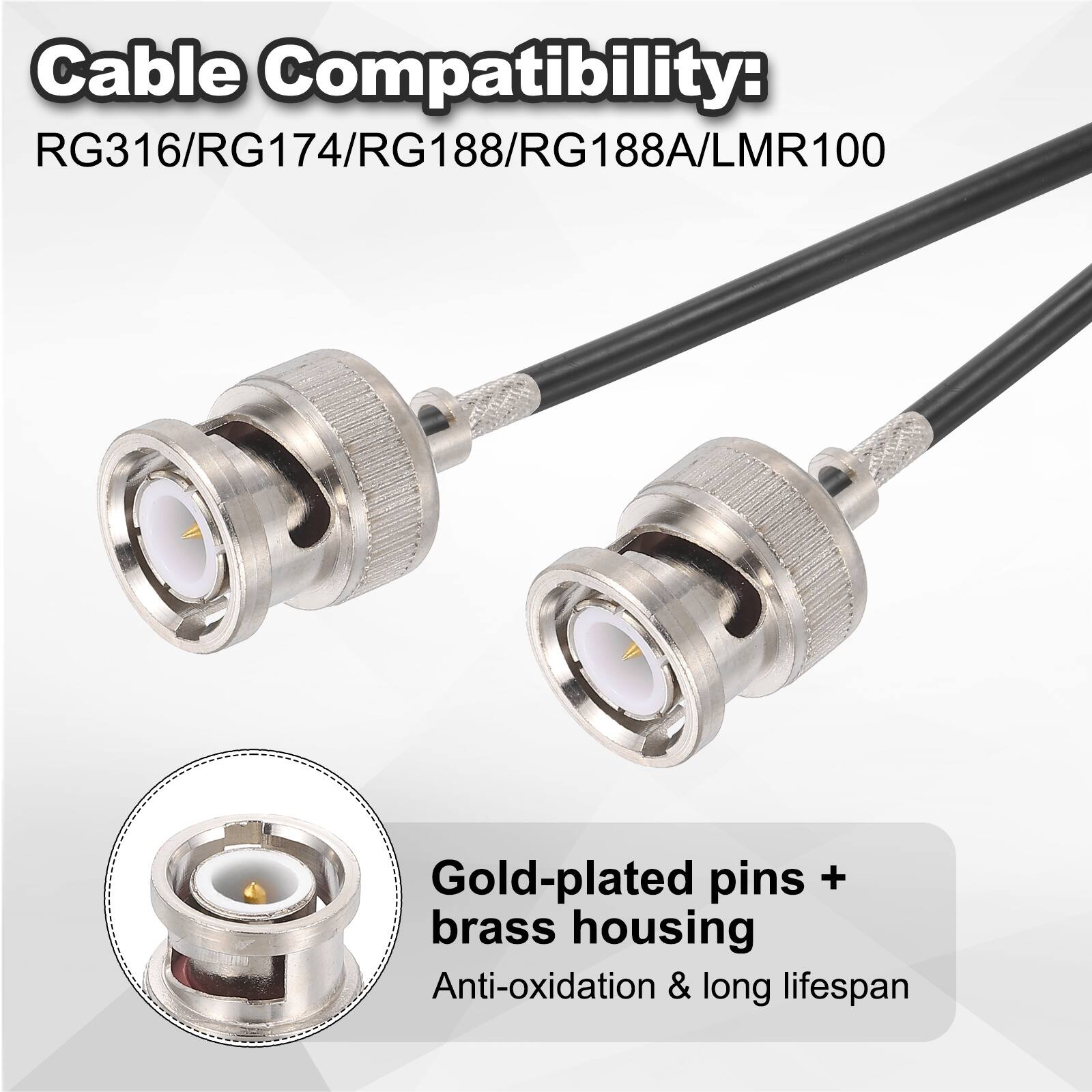 Cable Compatibility:  
RG316/RG174/RG188/RG188A/LMR100  

Gold-plated pins + brass housing  
Anti-oxidation & long lifespan