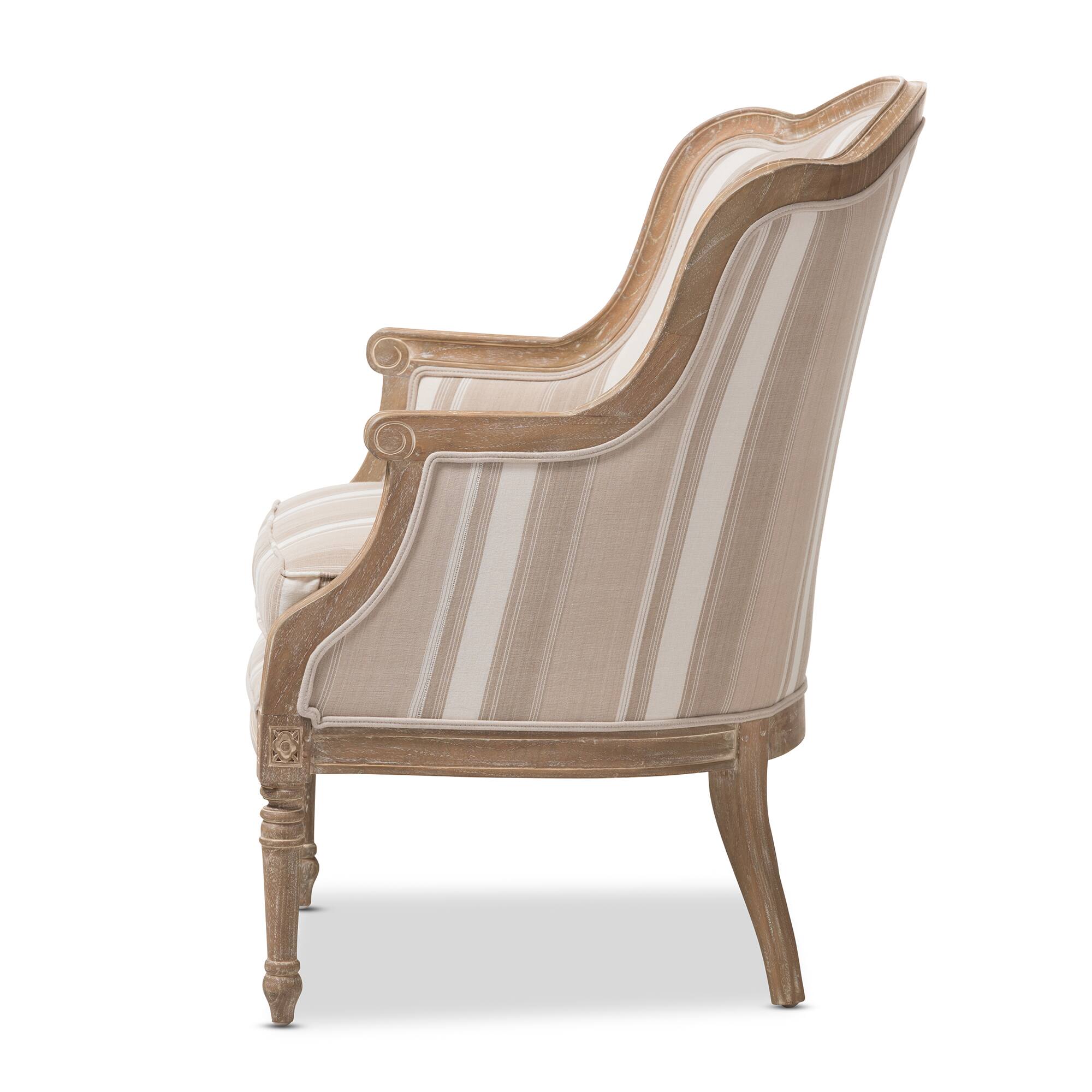 Back. Baxton Studio - Charlemagne Traditional French Accent Chair-Oak (Stripe) - Beige.