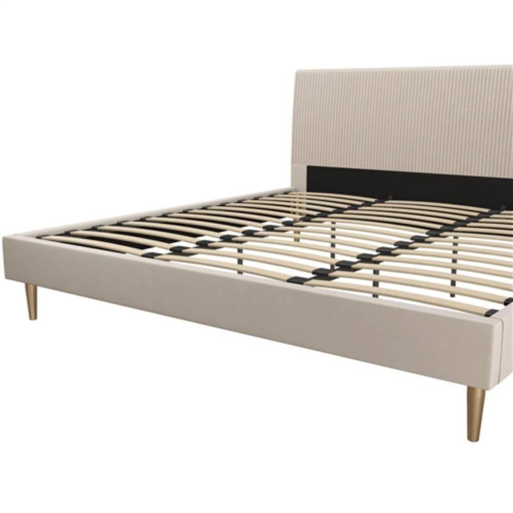 Left. Hivvago - King Mid-Century Off-White Velvet Upholstered Platform Bed Frame with Headboard - Off-White.