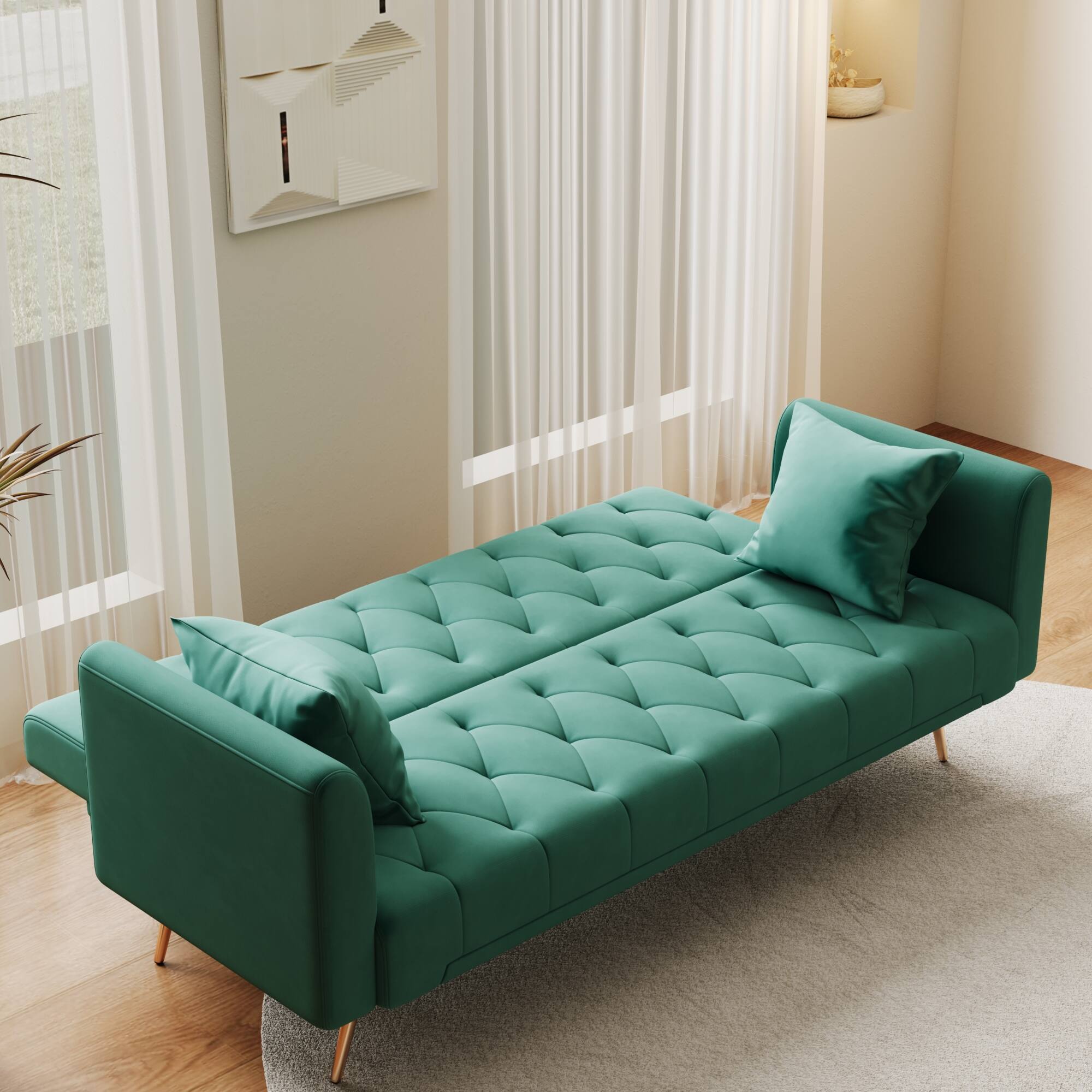 Alt View 1. GOODSILO - Convertible Velvet Sofa Bed with Adjustable Backrest for Small Spaces, Living Room and Office Use - Green.
