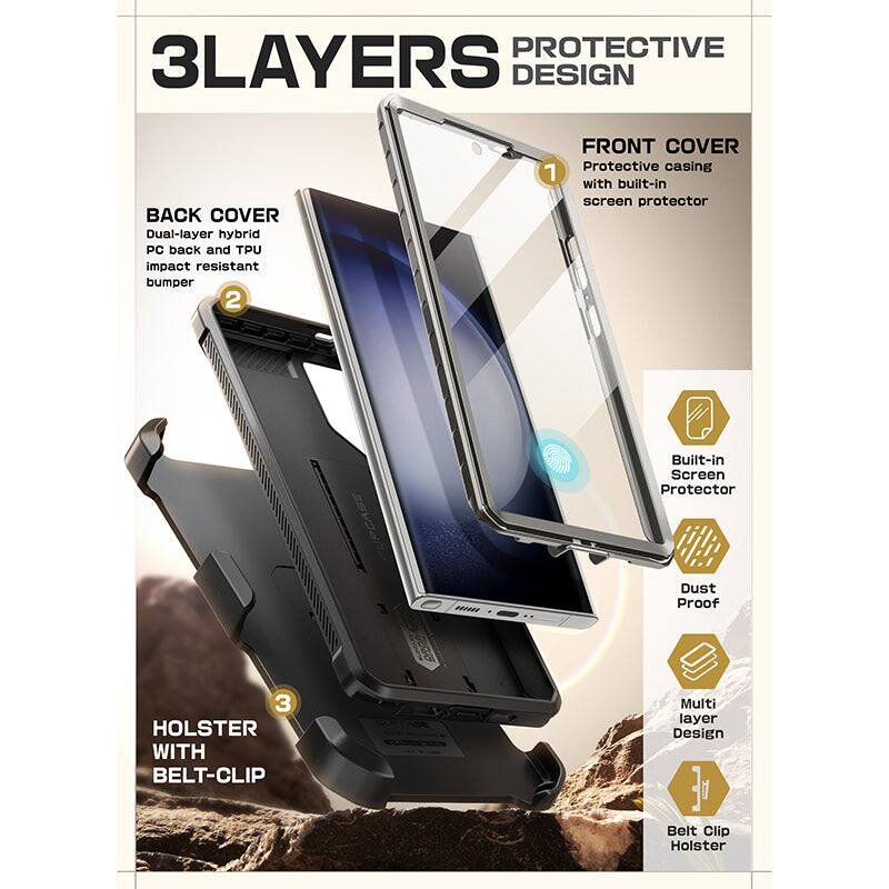 **3LAYERS PROTECTIVE DESIGN**

**BACK COVER**
- Dual-layer hybrid PC back and TPU impact resistant bumper

**FRONT COVER**
- Protective casing with built-in screen protector

**HOLSTER WITH BELT-CLIP**
- Multi layer Design Belt Clip Holster

**Features:**
- Built-in Screen Protector
- Dust Proof
- Multi layer Design
- Belt Clip Holster