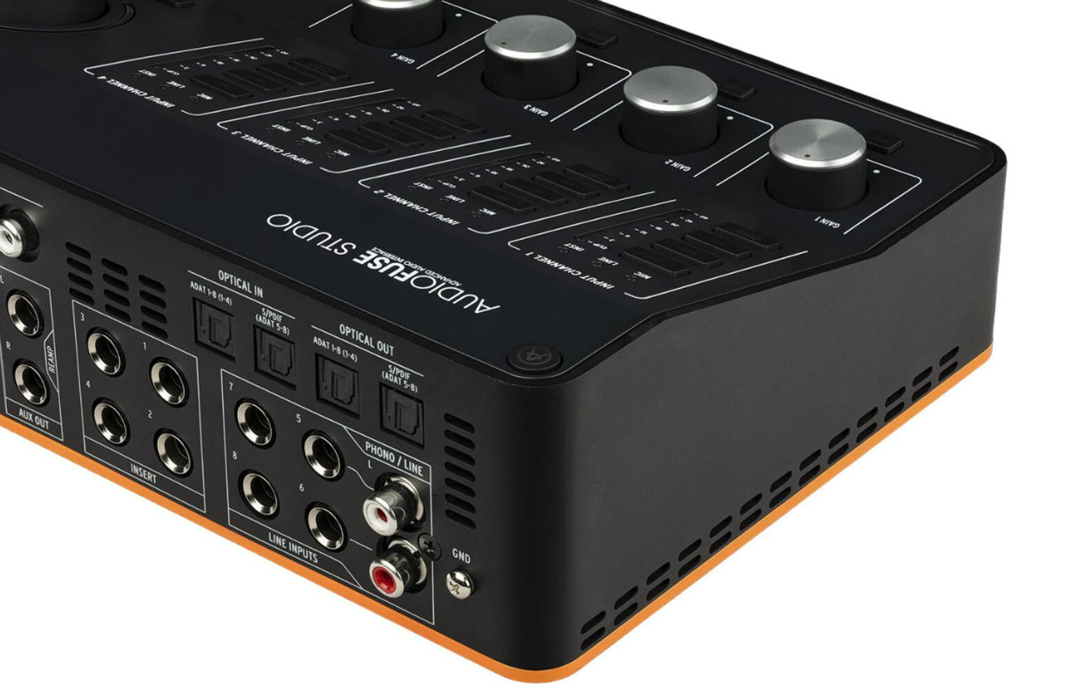 - REAMP ALX OUT 3 4
- NIVO - MY NIVO LOW AWINO JAUN CWYWAs
- INPUT STUDIO ROVARLING
- -5 2T ADAT OPTICAL
- AUDIOFUSE FUSE OHOY VOME H ANPUT H IN (-4)
- (ADAT S/PDIF 58)
- OPTICAL 1 ADAT 8 OUT (1-4)
- LADAT S/PDIF 7 5-8)
- 2 5 8
- PHONO I INSERT
- LINE 6 NIVO of / GAIN LINE INPUTS GND