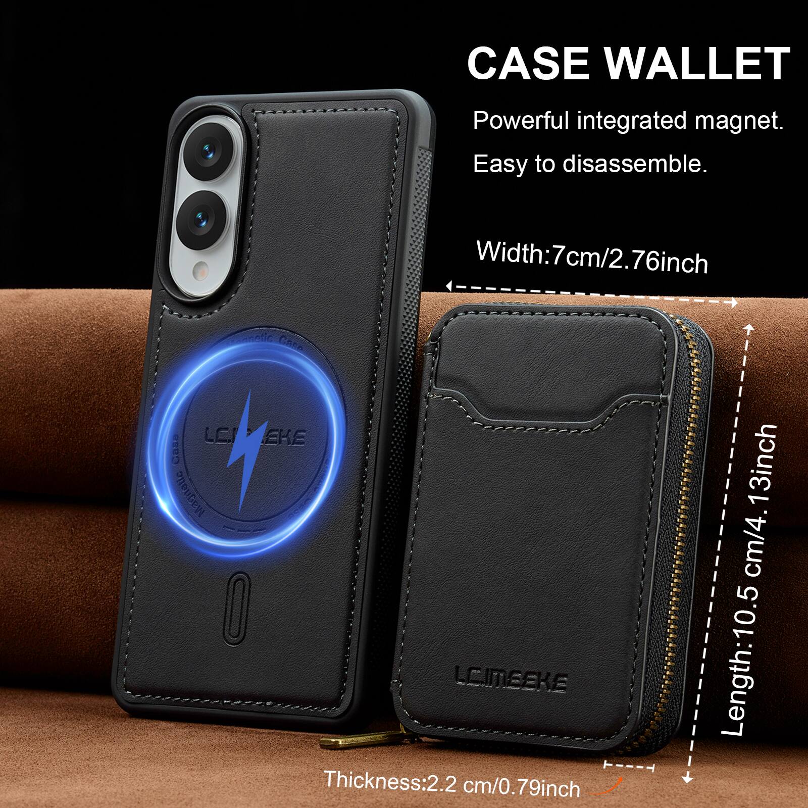 CASE WALLET  
Powerful integrated magnet.  
Easy to disassemble.  

Width: 7cm/2.76inch  
Thickness: 2.2 cm/0.79inch  
Length: 10.5 cm/4.13inch