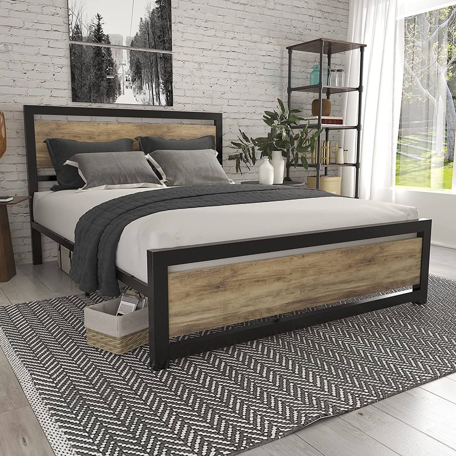 Left. Hivvago - Hivvago Queen Metal Platform Bed Frame with Wood Panel Headboard and Footboard - Brown.