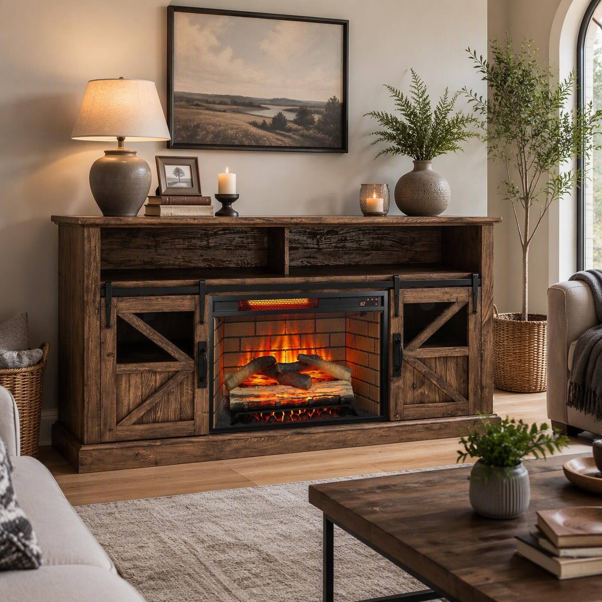 Left. RYHNUYNE - 60 Inch Electric Fireplace Media Center With Door Sensor, Reclaimed Barnwood Finish For Living Room Storage Decor - Reclaimed Barnwood.