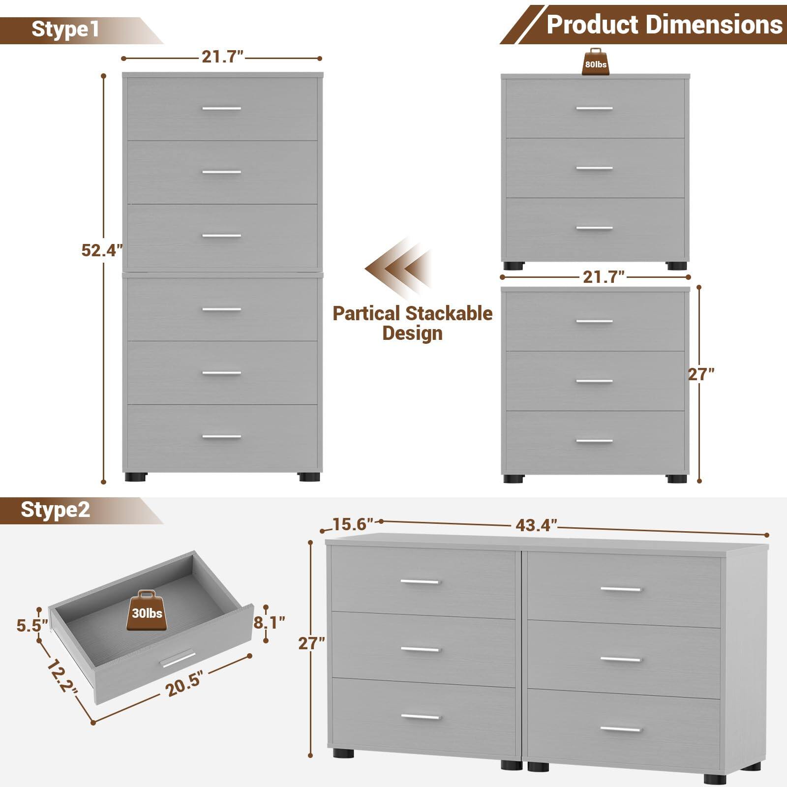 Stype1  
21.7"  
Product Dimensions  
80lbs  
52.4"  
21.7"  
Partical Stackable Design  
27"  

Stype2  
15.6"  
43.4"  
5.5"  
12.2"  
30lbs  
20.5"  
8.1"  
8  
27