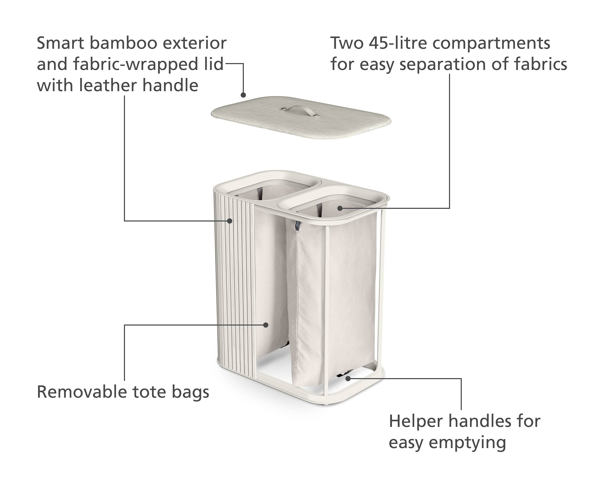 Smart bamboo exterior and fabric-wrapped lid with leather handle

Two 45-litre compartments for easy separation of fabrics

Removable tote bags

Helper handles for easy emptying