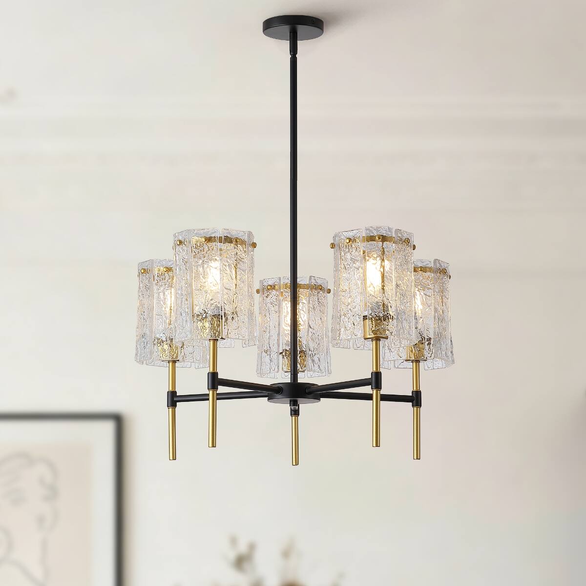 Left. Loheer - Loheer Five Light Black and Gold Chandelier With Textured Glass for Dining Room.