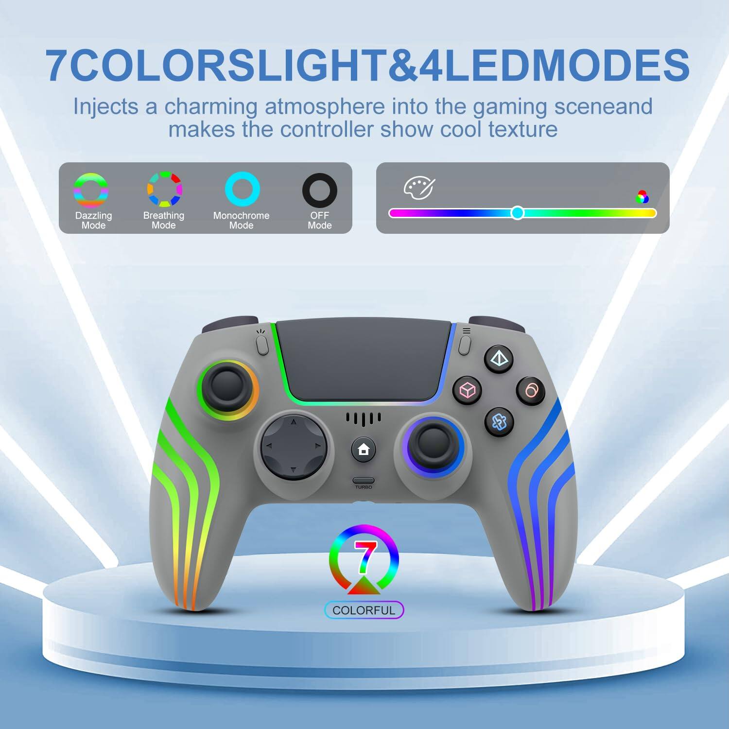 7COLORSLIGHT&4LEDMODES  
Injects a charming atmosphere into the gaming scene and makes the controller show cool texture  

- Dazzling Mode  
- Breathing Mode  
- Monochrome Mode  
- OFF Mode  

A TURBO  
7 COLORFUL